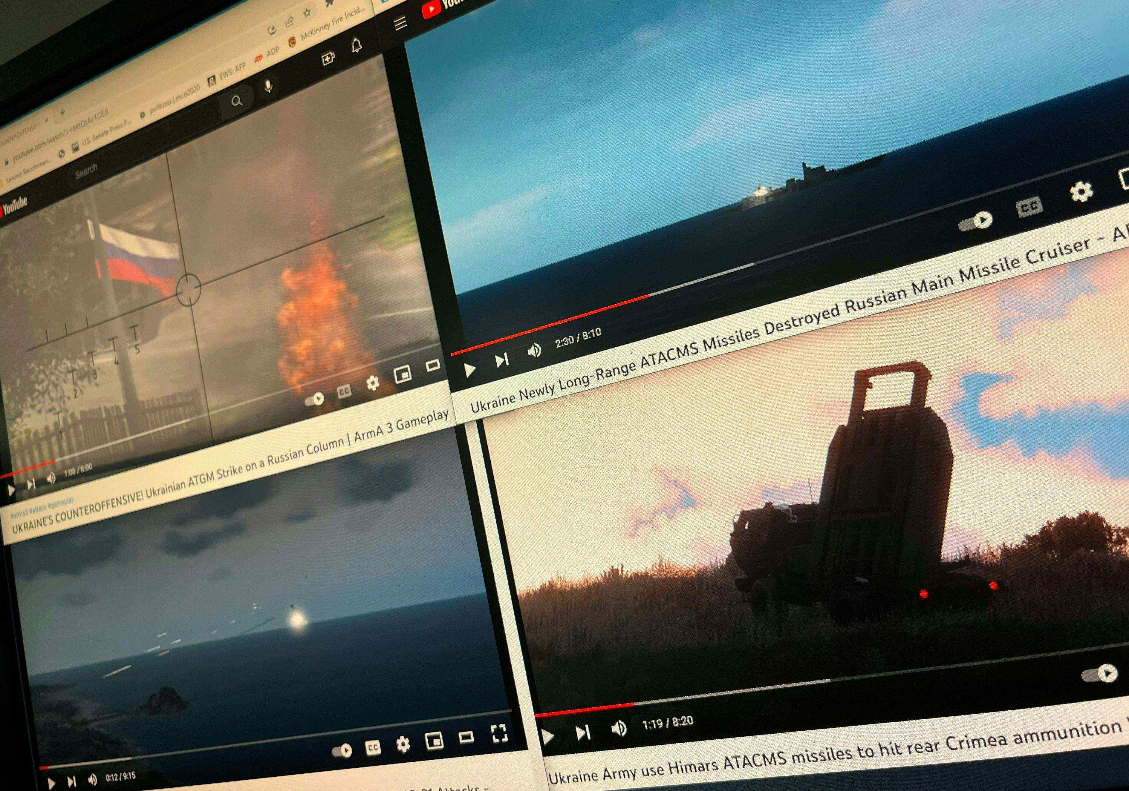 Footage from the video game Arma 3, often marked “live” or “breaking news” to make it appear genuine, has been used repeatedly in recent months in fake videos about the Russian offensive in Ukraine. Photo: AFP