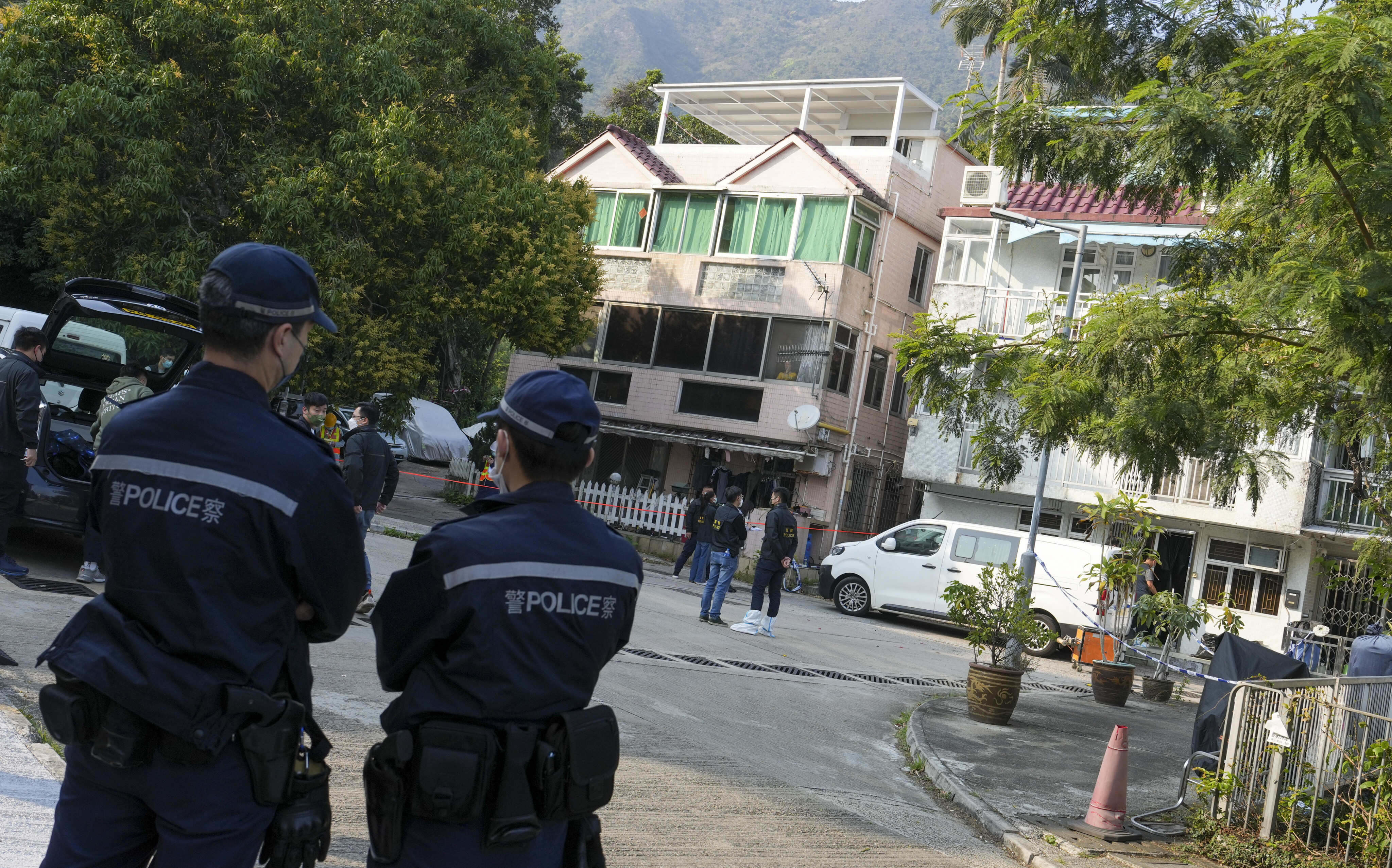 Police officers investigate the crime scene in the case of the murder of Abby Choi at Lung Mei Village in Tai Po. Photo: Elson Li