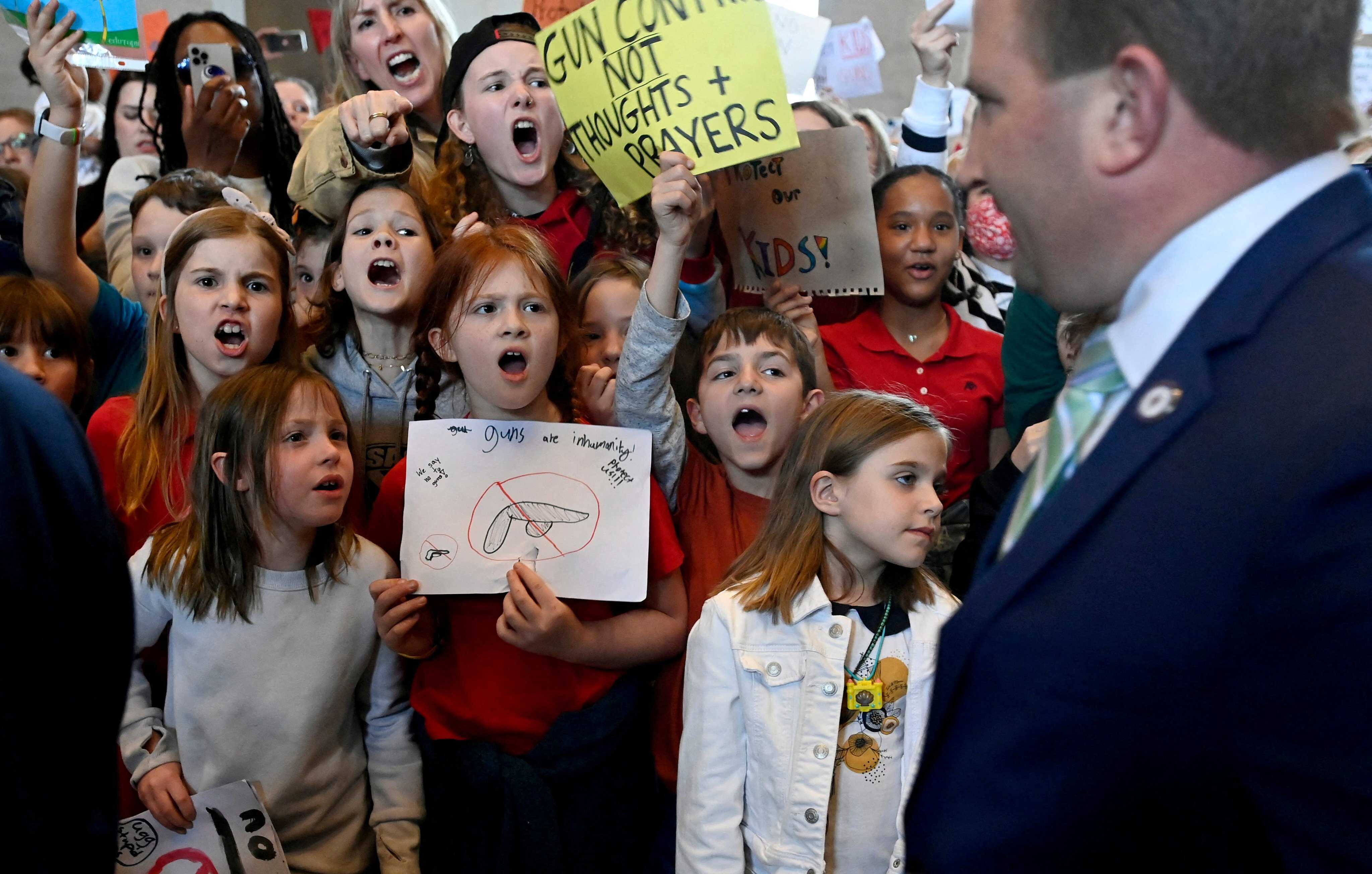 Students shout at state lawmakers inside the state capitol in Nashville as they call for gun law reform after the mass shooting at Covenant School in Nashville, Tennessee. Photo: USA Today Network via Reuters