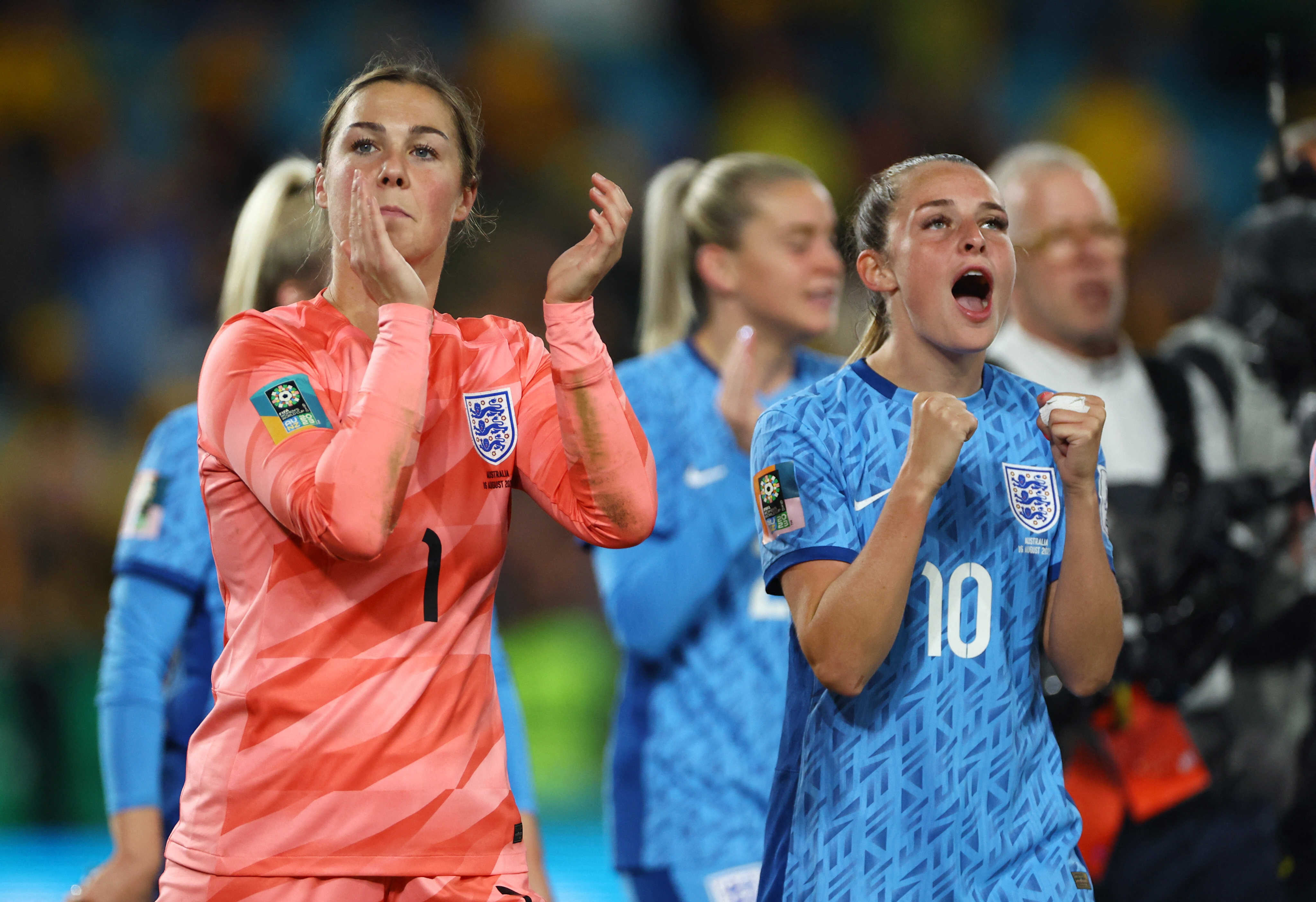 England’s Mary Earps (left) and Ella Toone celebrate after the match as the Lionesses progress to the final of the World Cup. Photo: Reuters