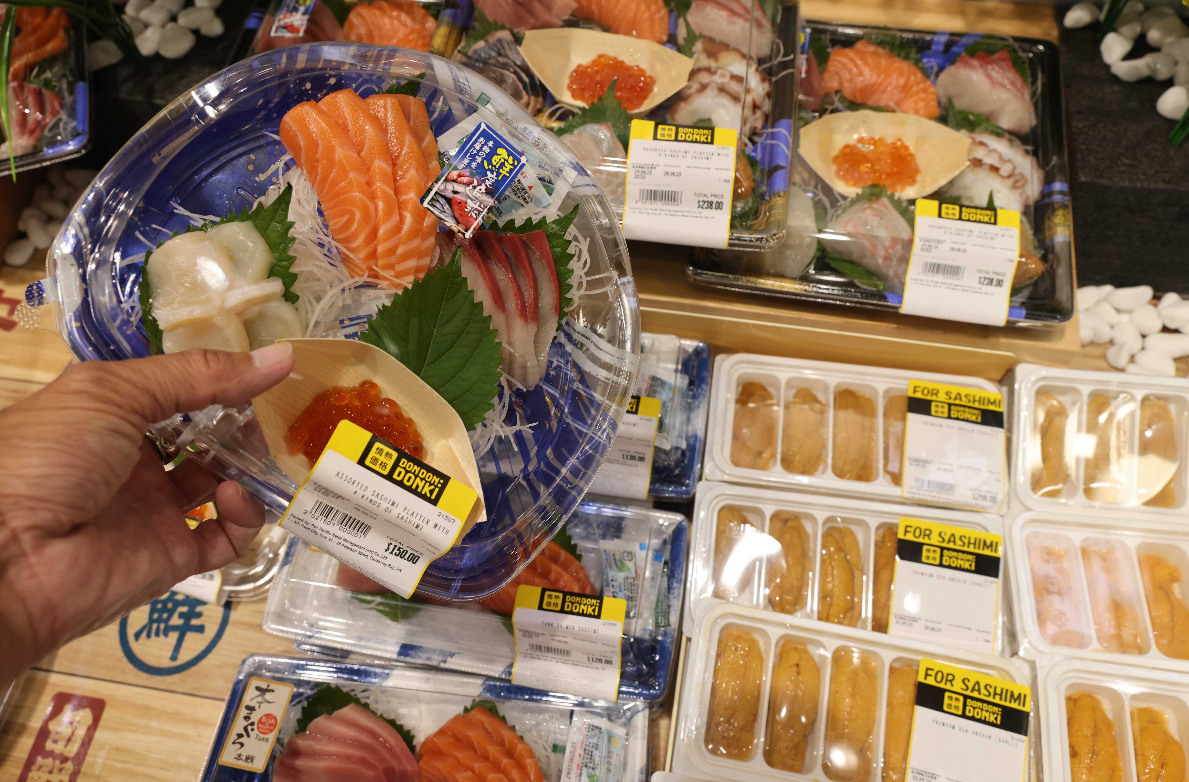Japanese seafood offerings at a Don Don Donki in Causeway Bay. From August 24 onwards, the government has prohibited the import of all aquatic products originating from ten prefectures in response to the Japanese government’s decision to discharge Fukushima wastewater. Photo: Yik Yeung-man