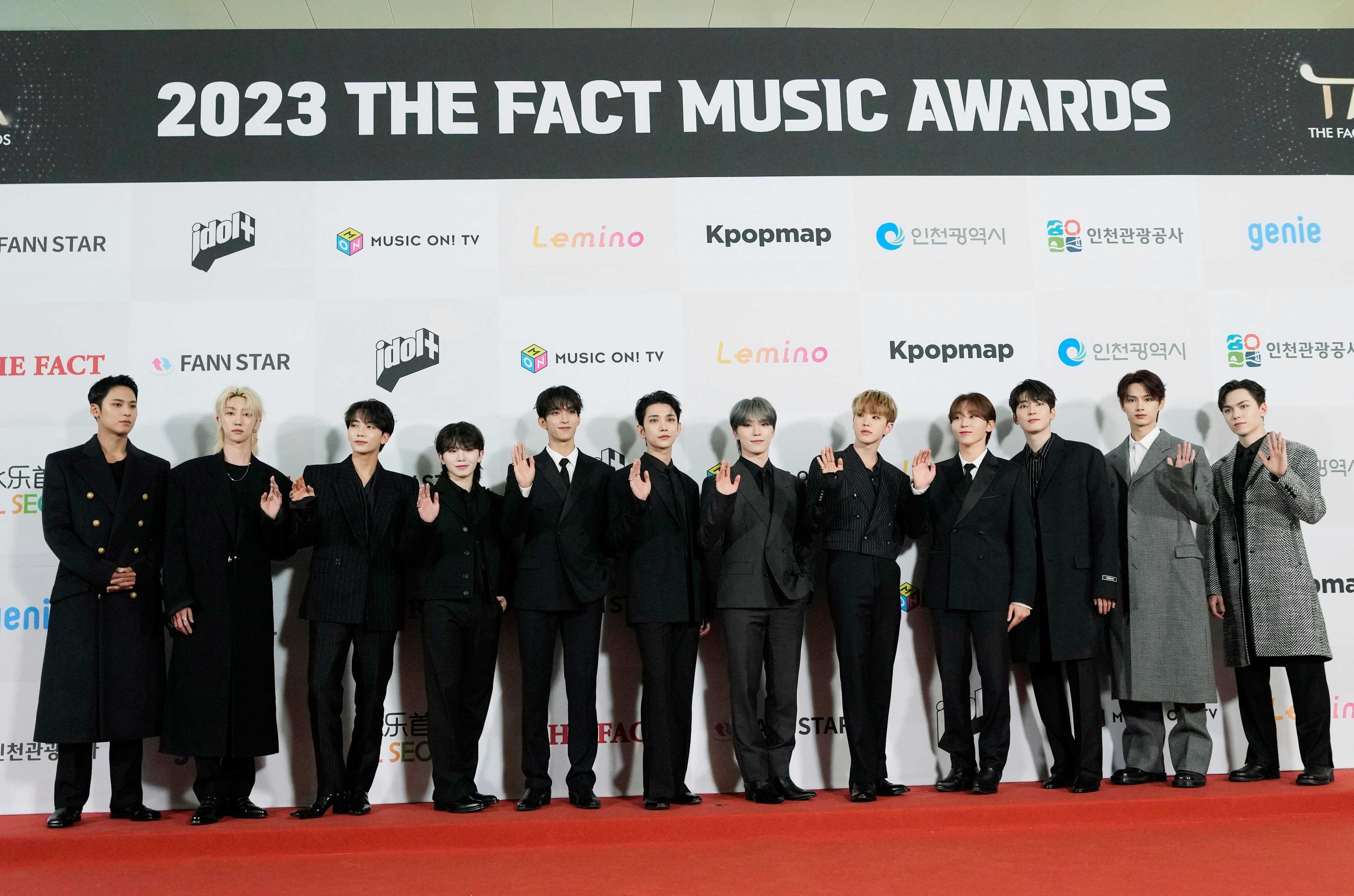 Members of South Korean K-Pop group Seventeen pose as they arrive at The Fact Music Awards in Incheon, South Korea on October 10, 2023. Photo: AP