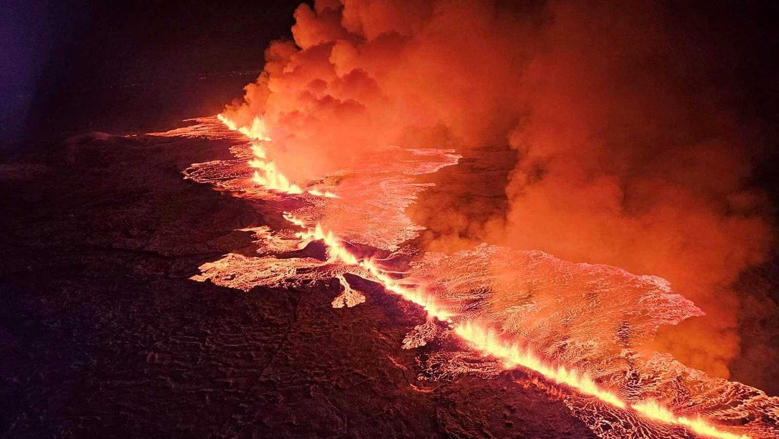 A volcano spews lava and smoke as it erupts in Grindavik, Iceland. Photo: Reuters