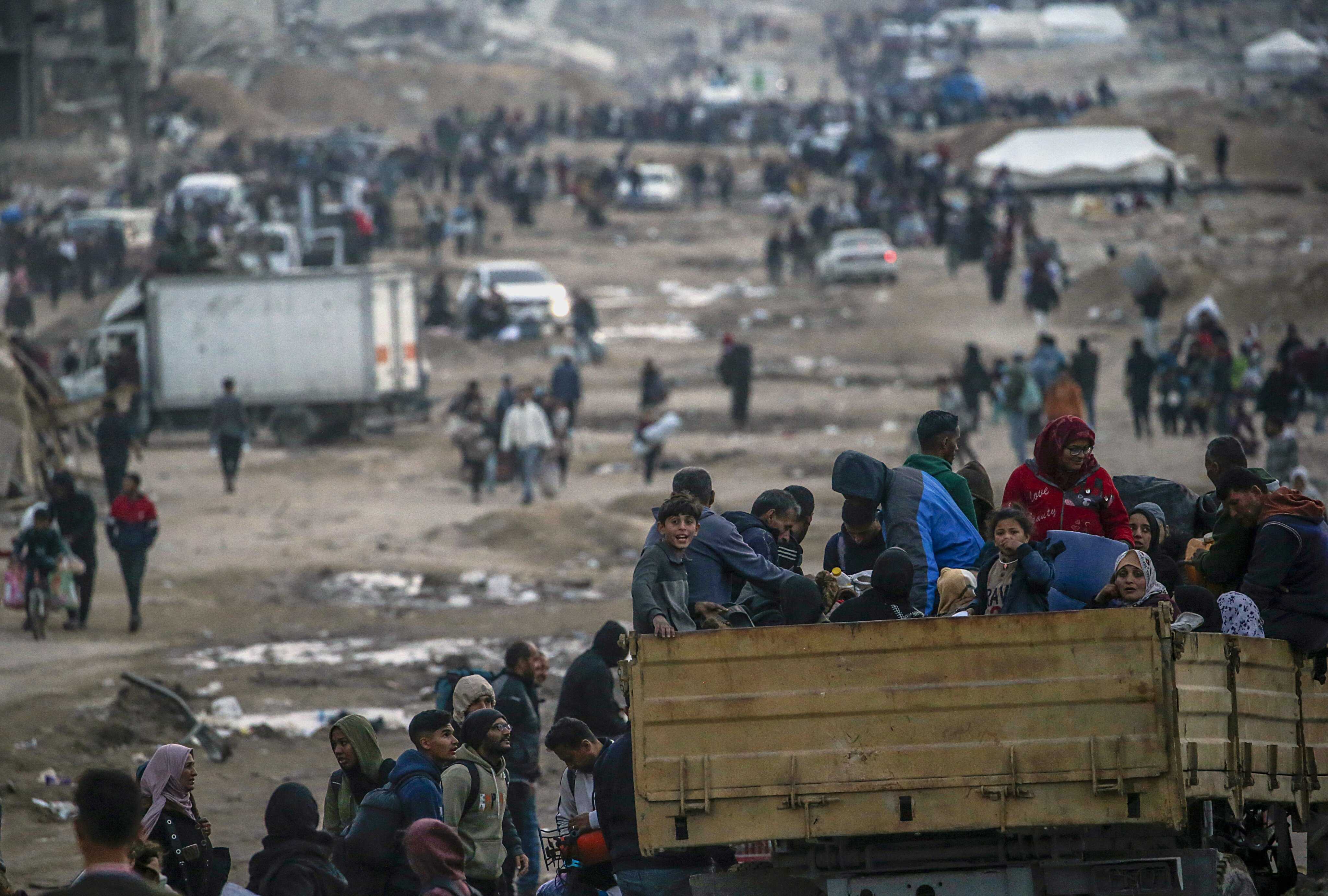 Displaced Palestinians travel back to Gaza City in the northern Gaza Strip. According to the UN, at least 1.9 million people (nine in ten people) across the Gaza Strip are internally displaced, including those who have been repeatedly displaced.  Photo: EPA-EFE