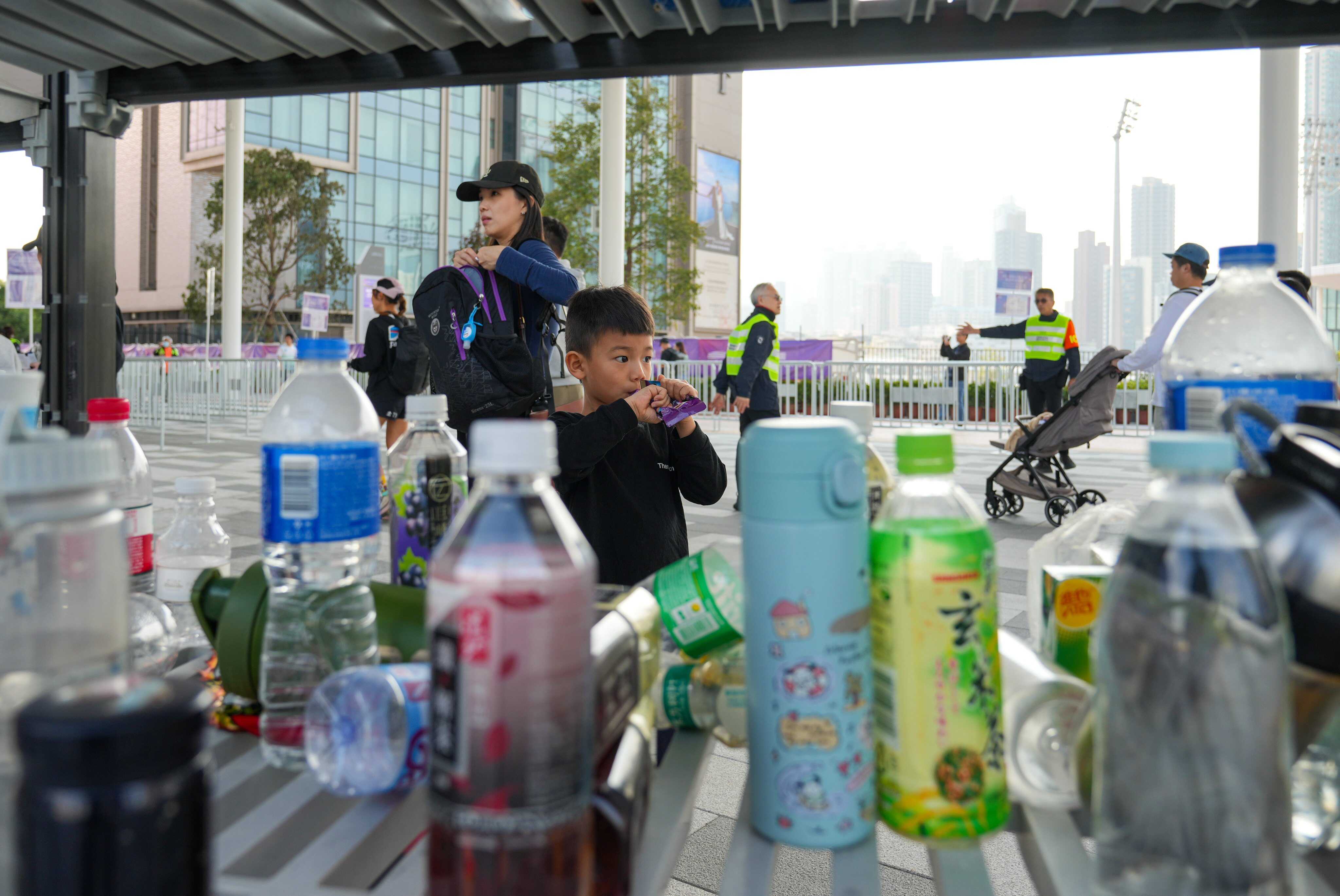 People were forced to leave their water bottles in a self-service storage area outside Kai Tak Stadium in Kai Tak Sports Park during a rugby sevens tournament final match. Photo: Sam Tsang