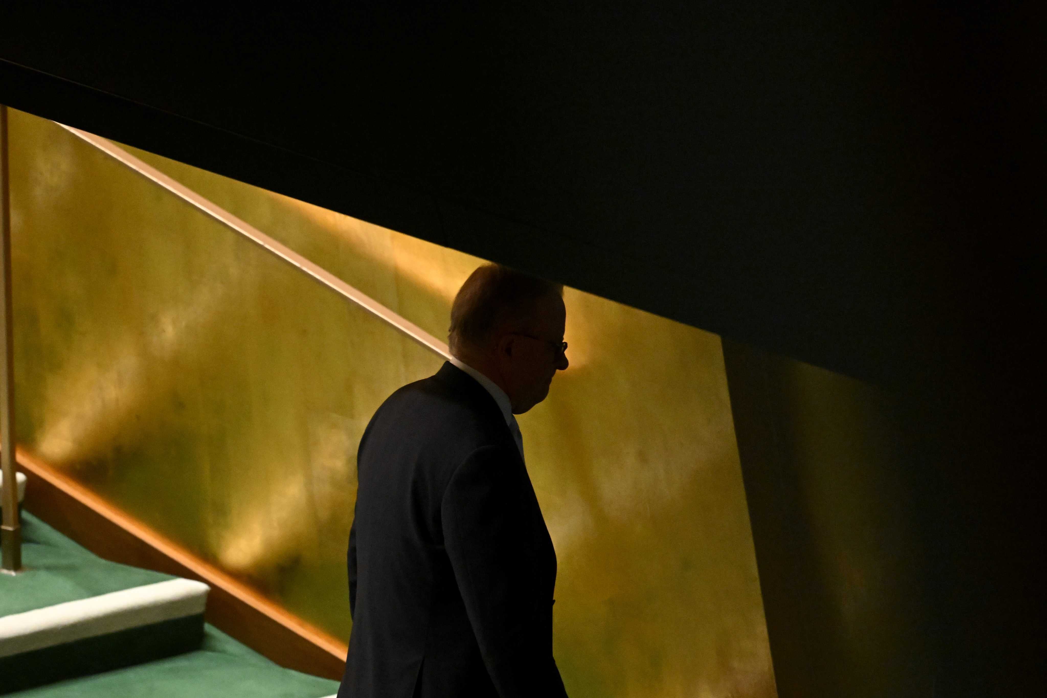 Australian Prime Minister Anthony Albanese leaves after addressing the 80th session of the United Nations General Assembly at the UN headquarters in New York. Photo: dpa