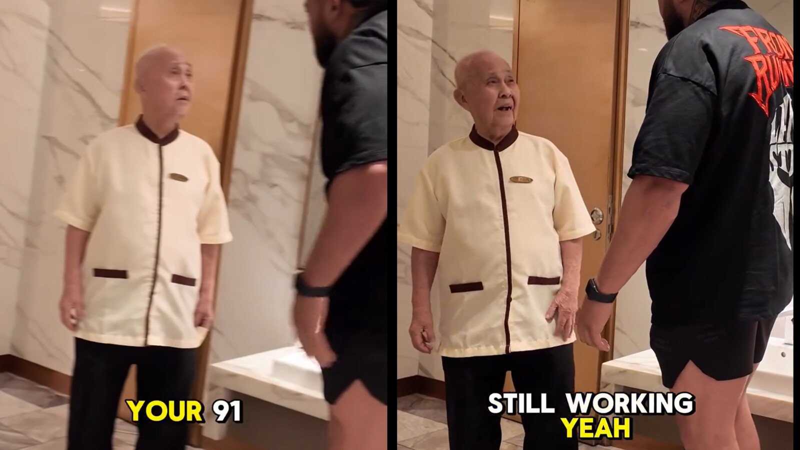 Fitness influencer Jaden Laing posted a video of himself speaking to a 91-year-old cleaner in Singapore. Photo: Instagram/@jadentysonlaing

