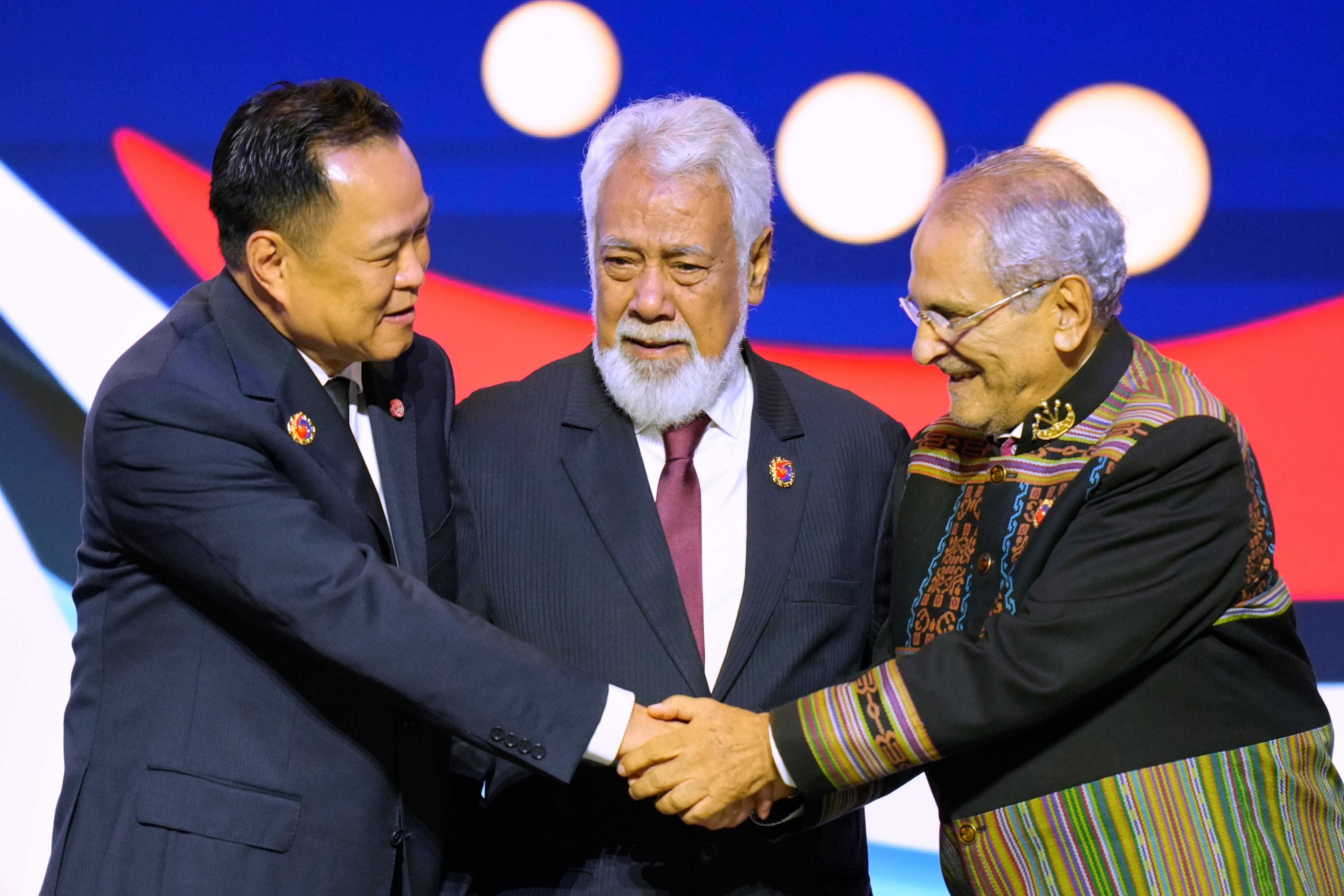 From left: Thailand’s Prime Minister Anutin Charnvirakul, East Timor Prime Minister Kay Rala Xanana Gusmao and East Timor President Jose Ramos-Horta during the signing ceremony of the Declaration on the Admission of East Timor into Asean at the 47th summit in Kuala Lumpur, Malaysia. Photo: AP