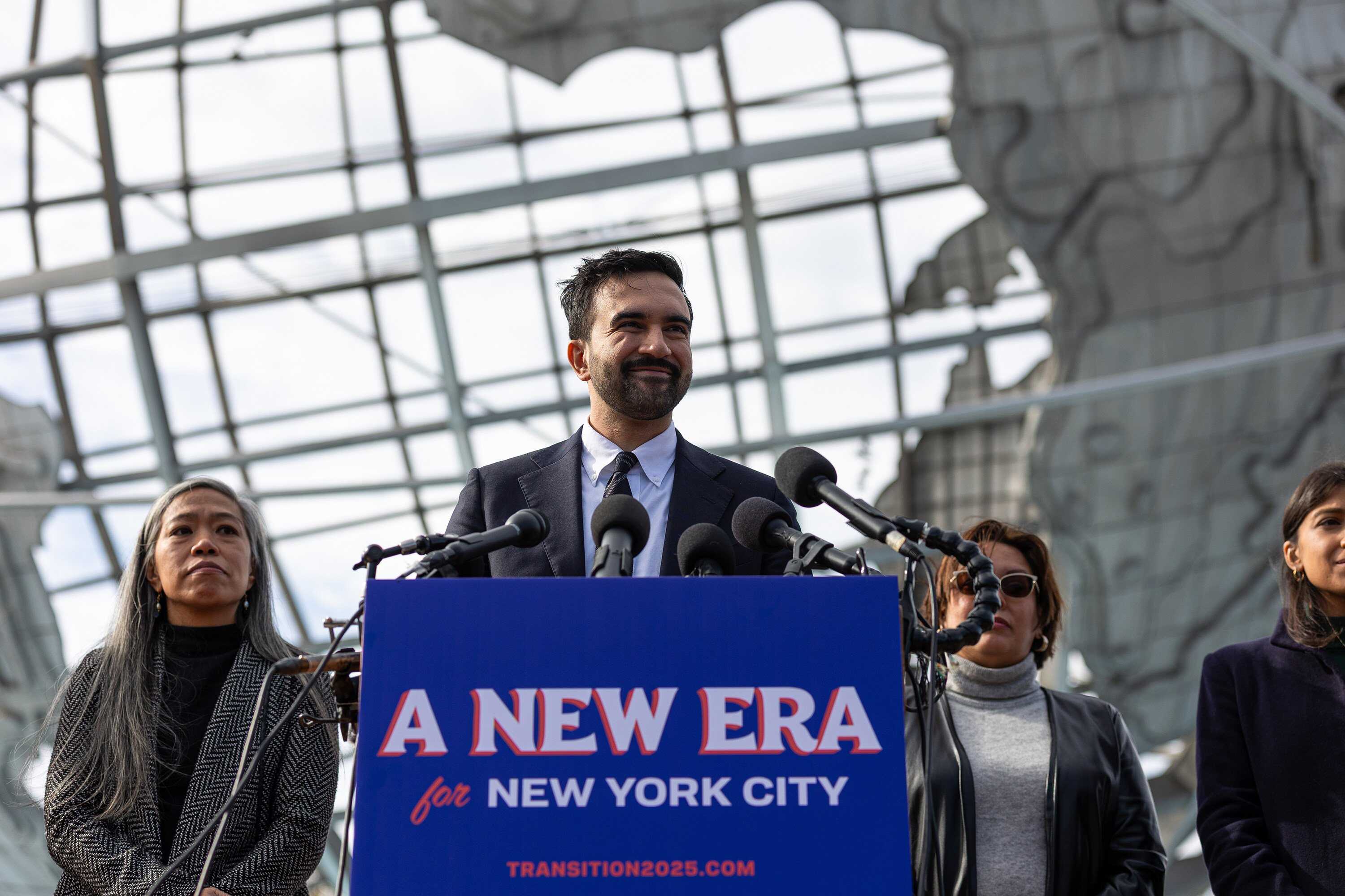 New York City mayor-elect Zohran Mamdani announces members of his transition team to the media in front of the Unisphere in Queens, on November 5, 2025. Photo: TNS