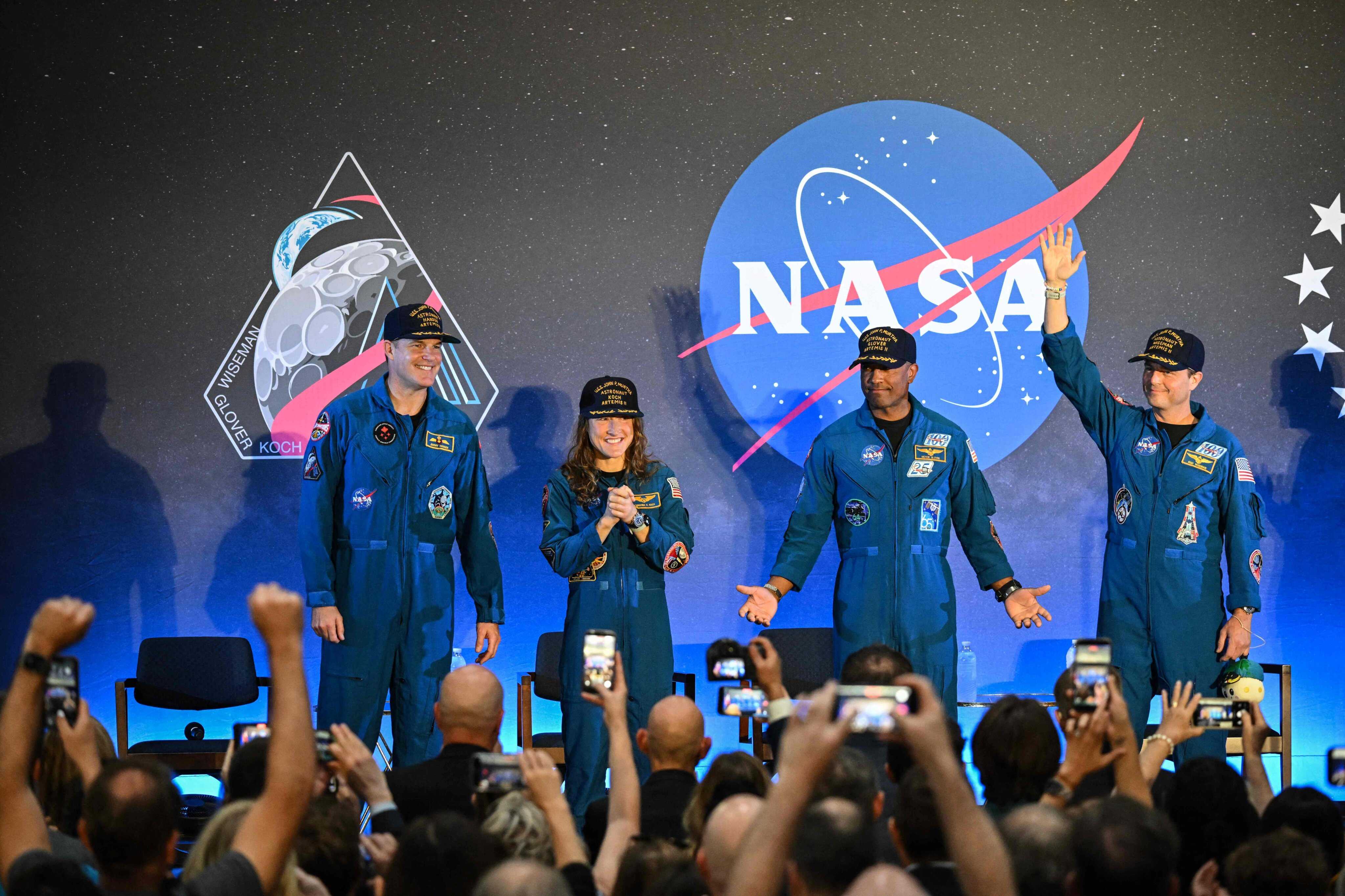 From left: Artemis II mission astronauts Jeremy Hansen, Christina Koch, Victor Glover and Reid Wiseman attend a welcoming ceremony in Texas, US. Photo: AFP