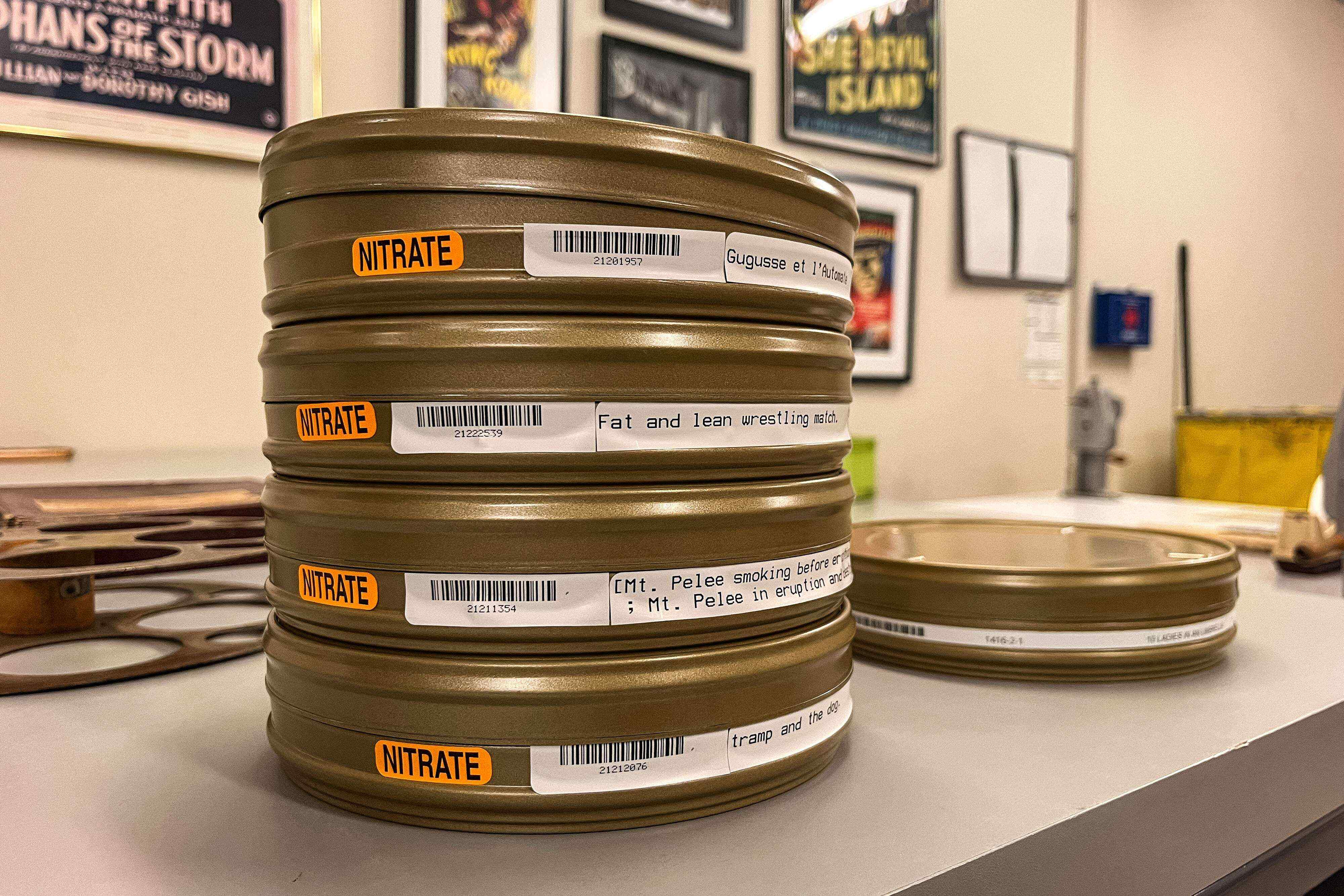 Motion picture film cans containing films from the nitrate film vault at the US National Audio-Visual Conservation Centre. Photo: AFP
