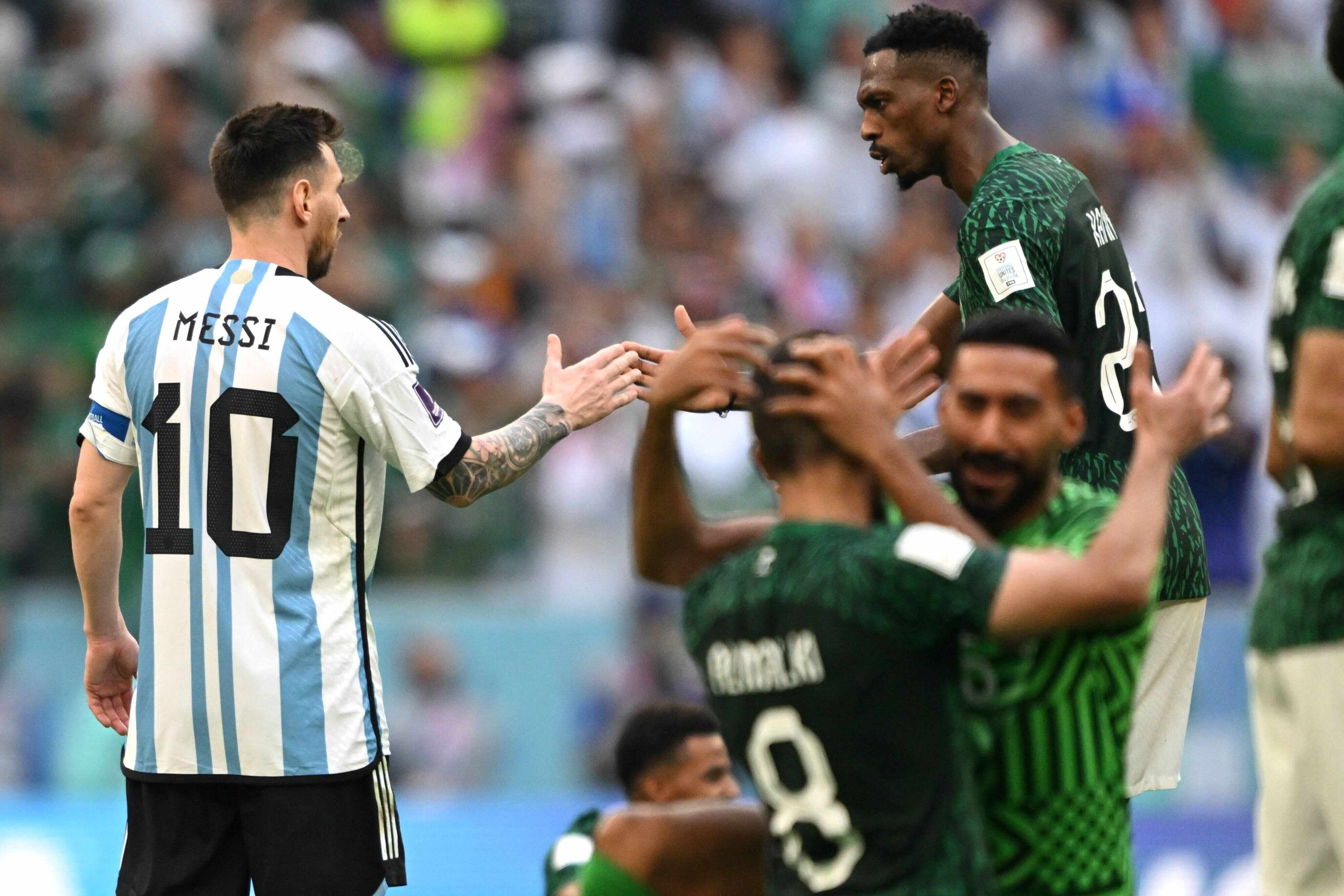 Saudi Arabia’s Mohamed Kanno shakes hands with Argentina’s Lionel Messi (left) after the final whistle of the Fifa World Cup Qatar 2022 Group C football match between Argentina and Saudi Arabia at the Lusail Stadium. Photo: dpa