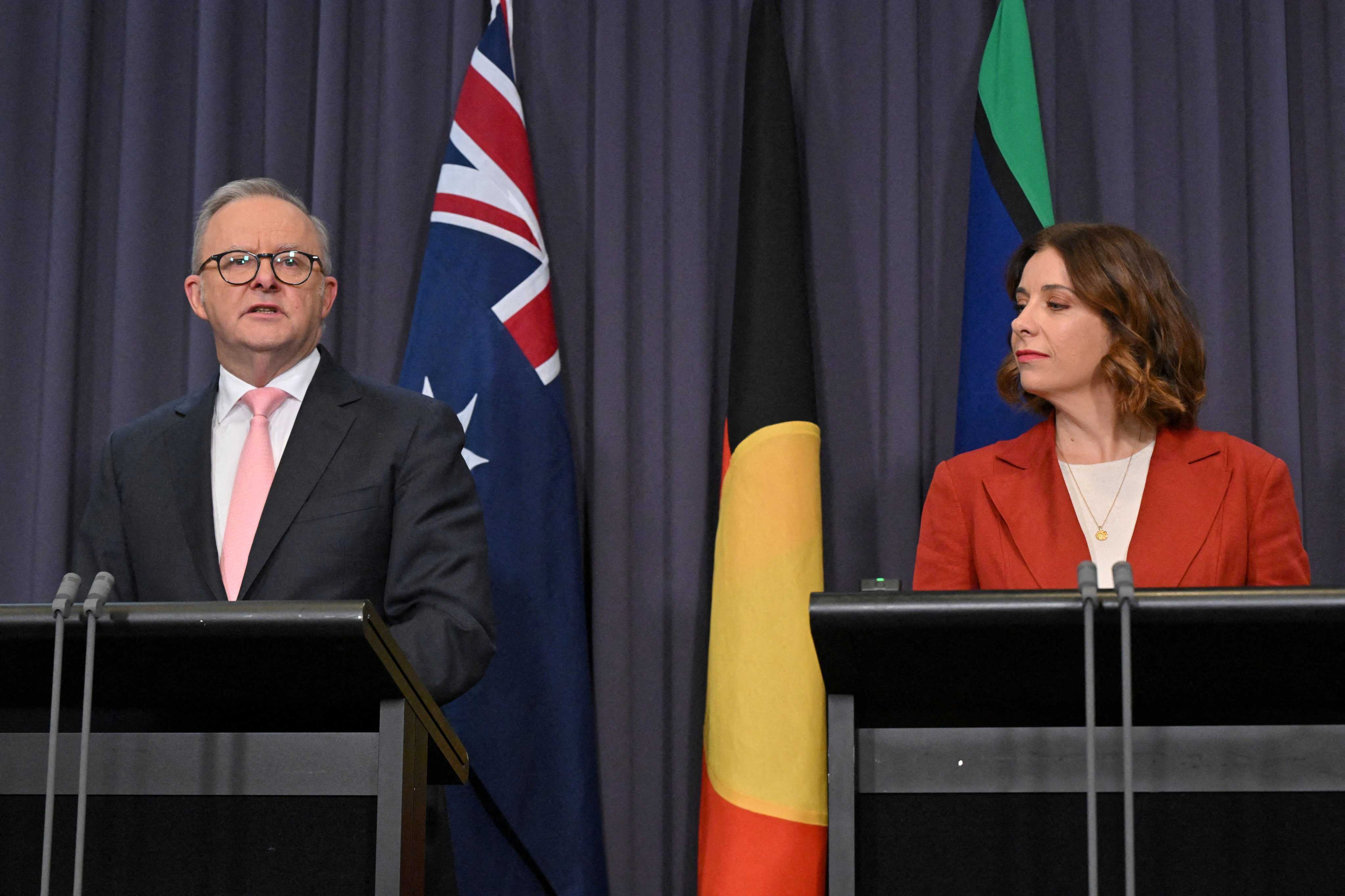 Australian Prime Minister Anthony Albanese (left) and Minister for Communications Anika Wells speak at a press conference discussing the country’s social media ban for under-16s at Parliament House in Canberra, Australia. Photo: Reuters