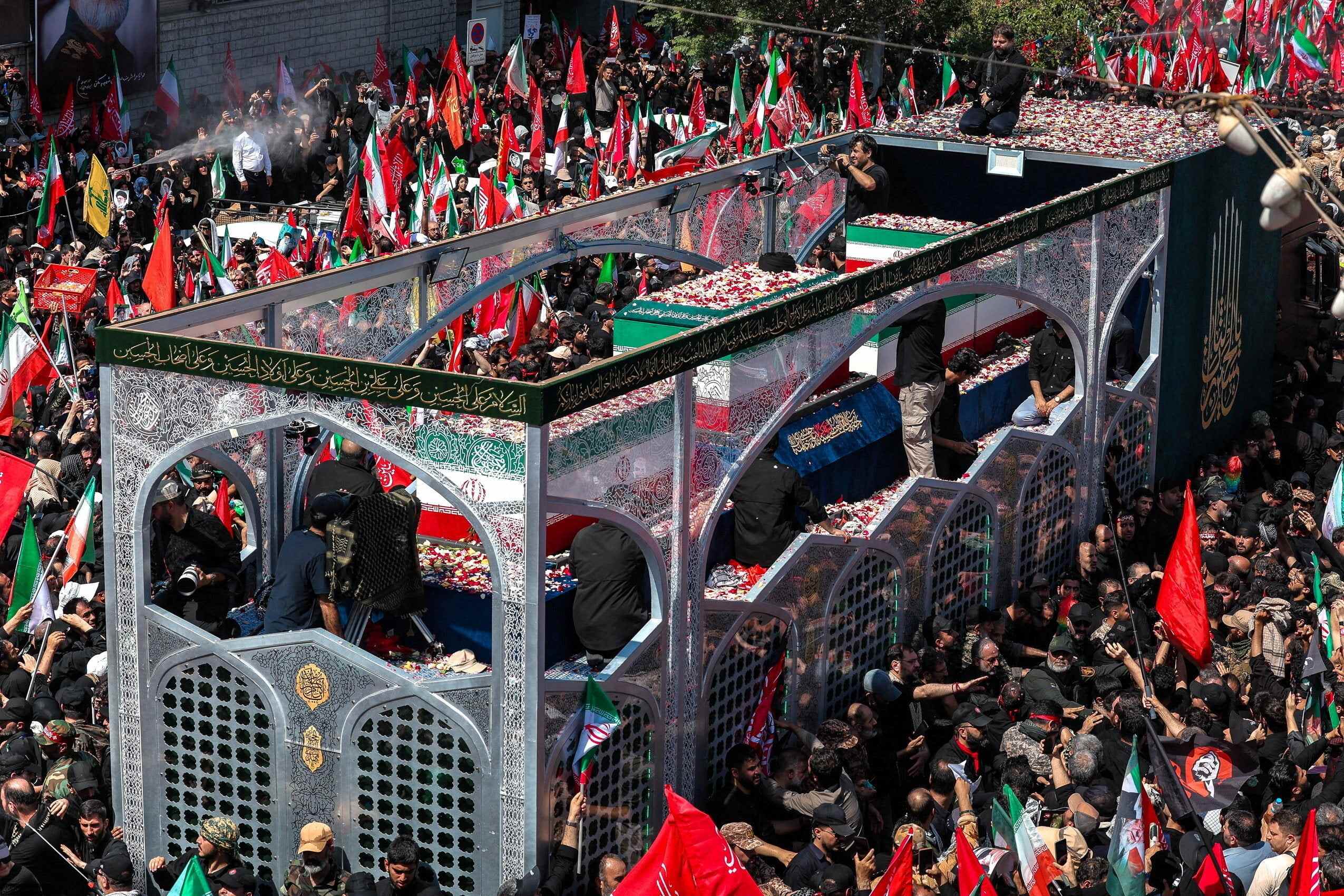 A vehicle carrying coffins of Iran’s late Supreme Leader Ayatollah Ali Khamenei and his family members, in Tehran, Iran. Photo: Reuters