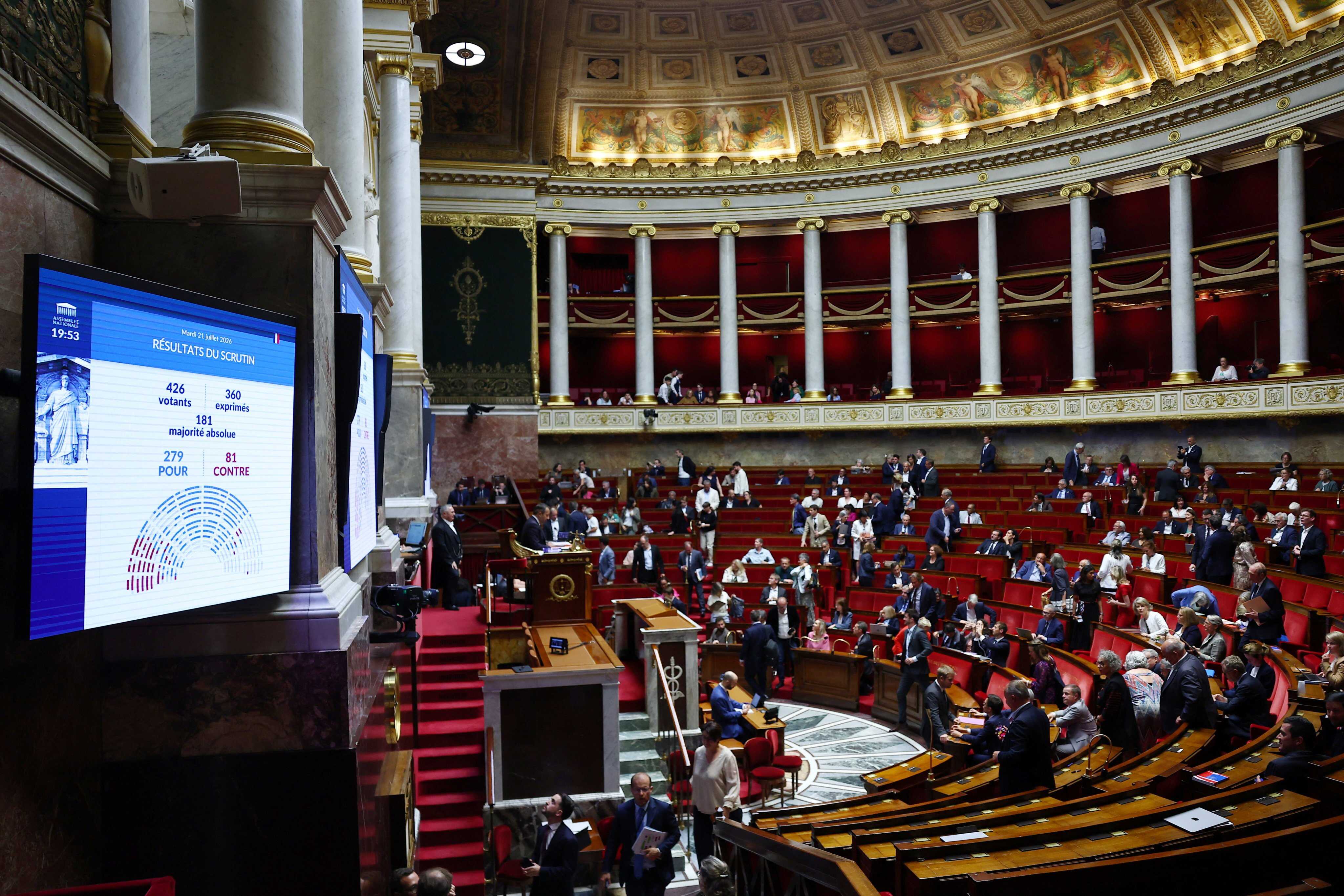 A screen shows the result of a vote on the bill that aims to ban social media access for children under the age of 15, at the National Assembly in Paris, France. Photo: Reuters