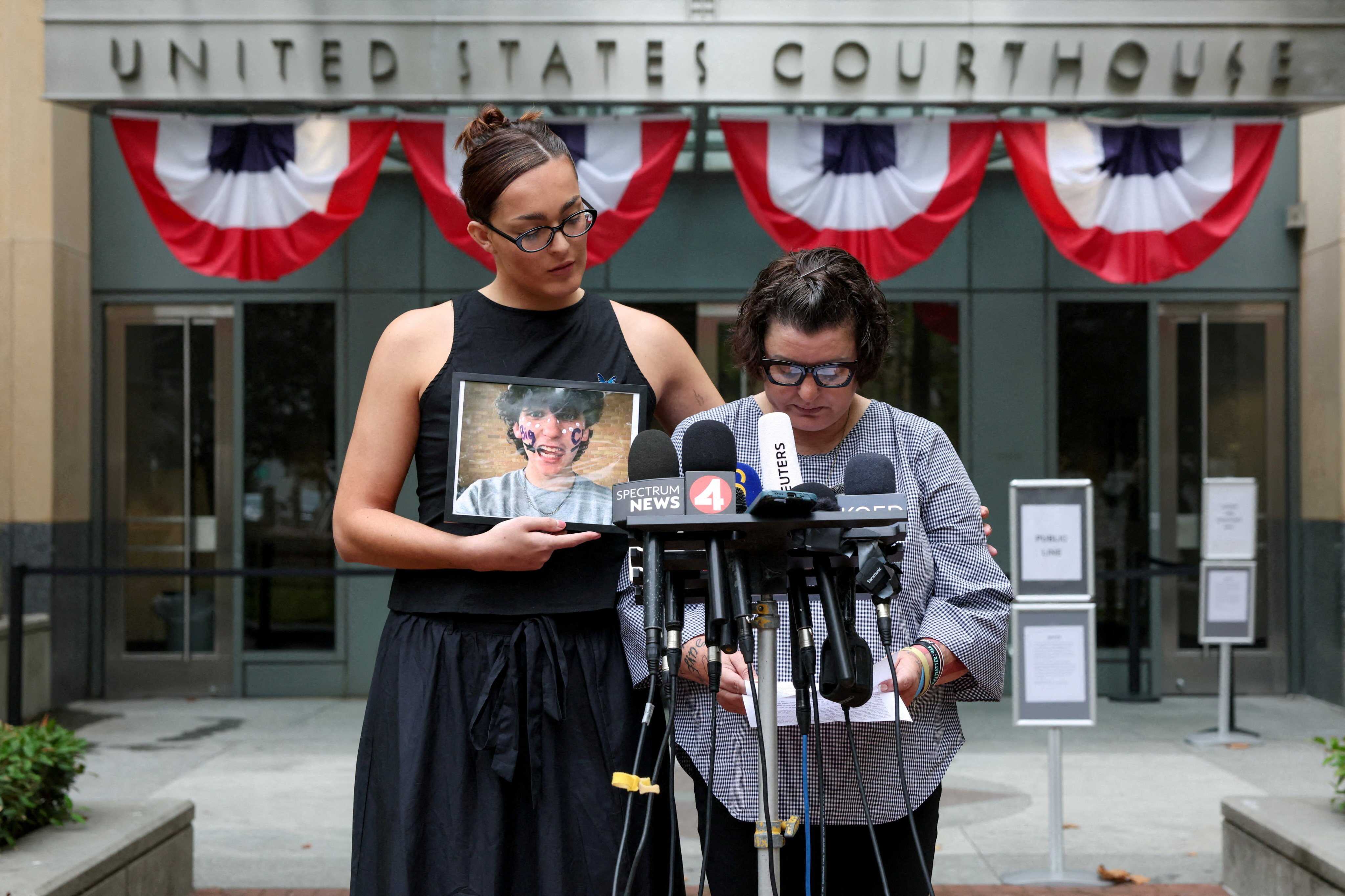 Shannon Heacock, mother of Elijah Heacock a teen who died by suicide following a sextortion scheme, speaks, as parents of children and young adults whose deaths were allegedly related to social media use hold a press conference while Meta faces a landmark trial. Photo: Reuters