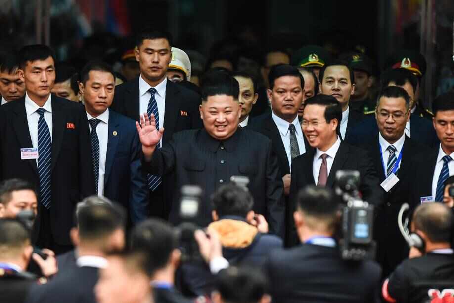 North Korean leader Kim Jong-un arrives at the Dong Dang railway station to attend the second US-North Korea summit.