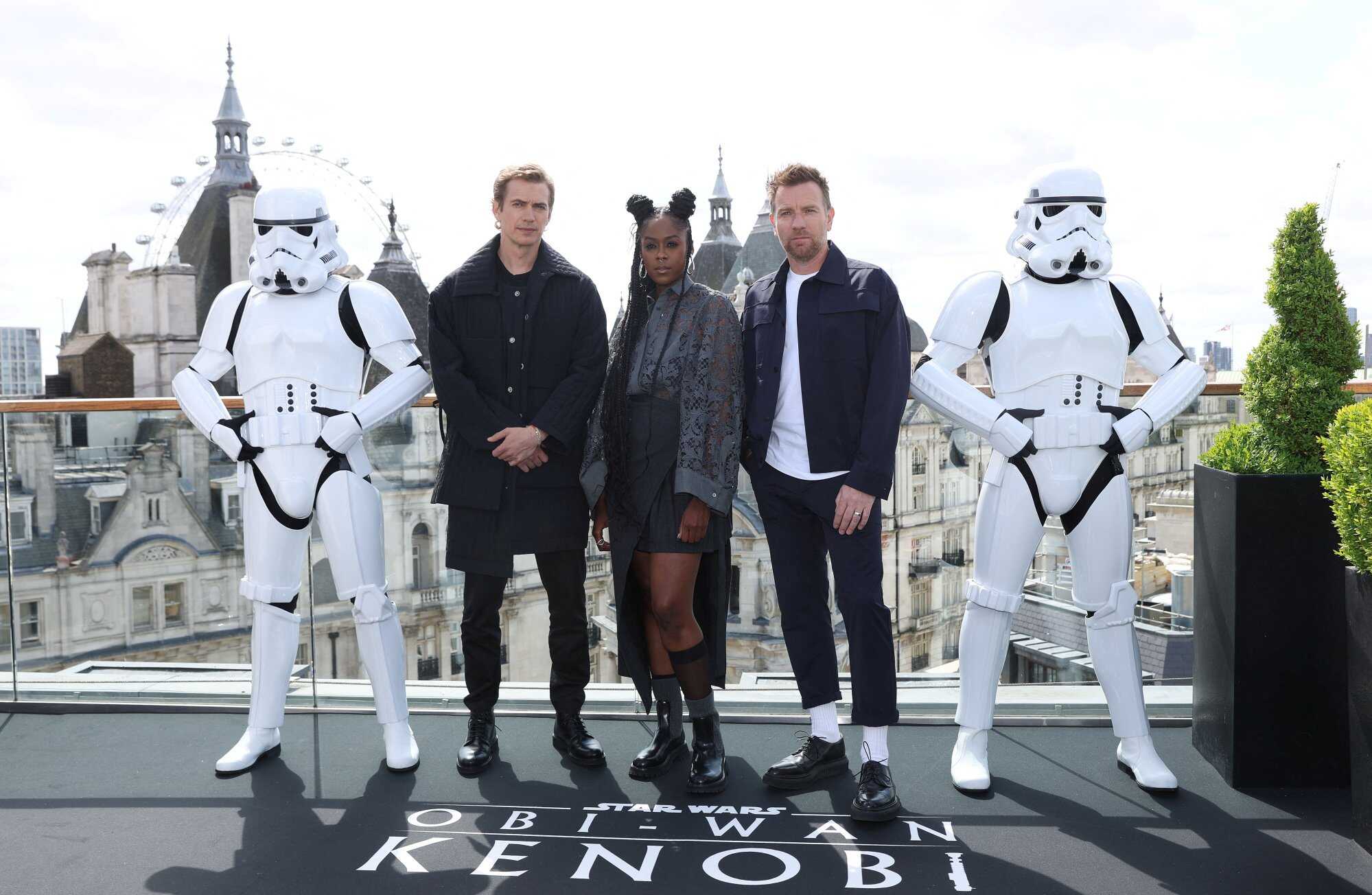 Actors (from left) Hayden Christensen, Moses Ingram and Ewan McGregor pose at the Corinthia Hotel to celebrate the upcoming launch of Obi-Wan Kenobi on Disney+ in London, Britain on May 12. Photo: Reuters
