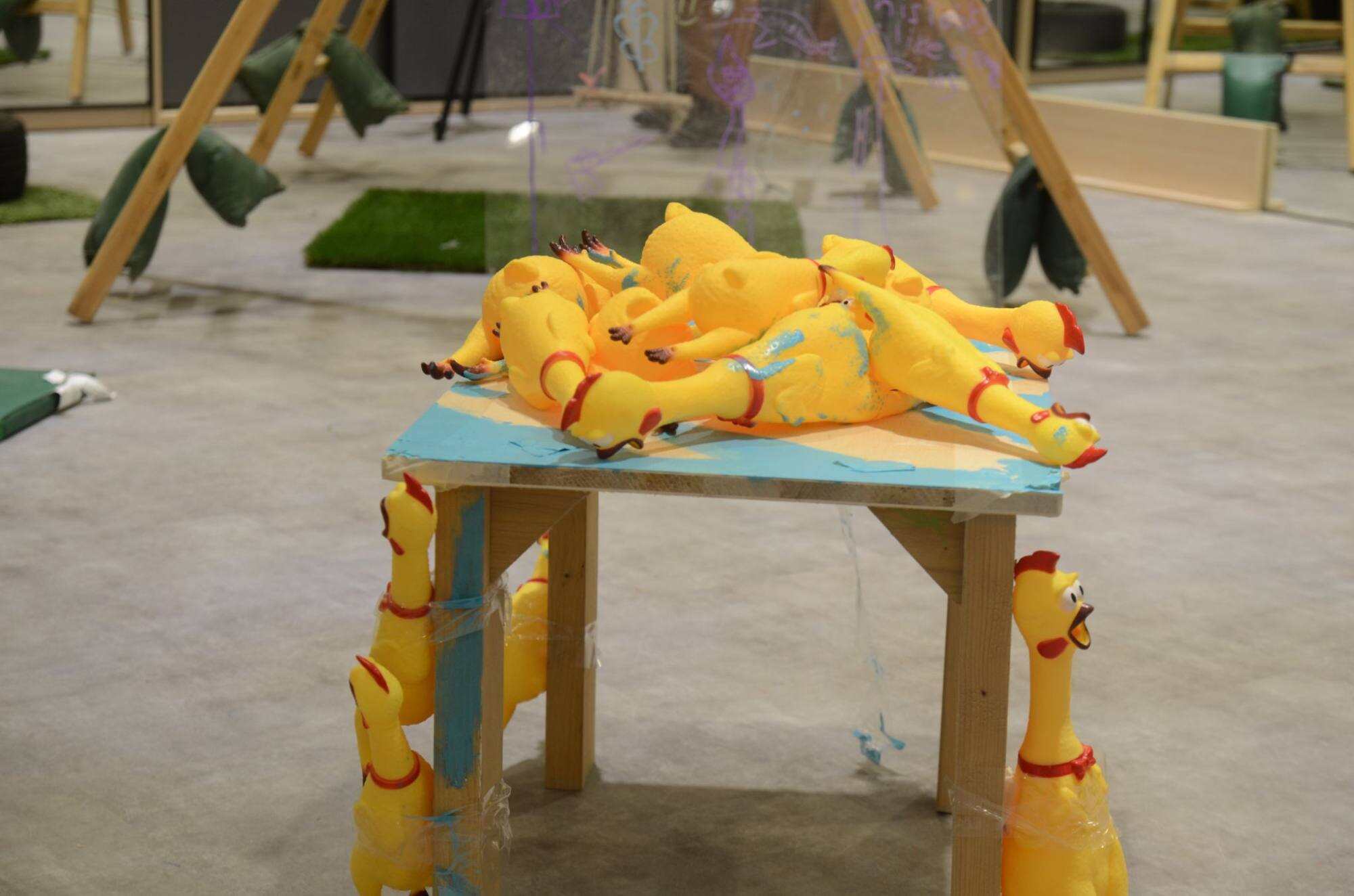 Two girls built a noisy “chicken chair” that inspired them to speak up. Photo: Handout