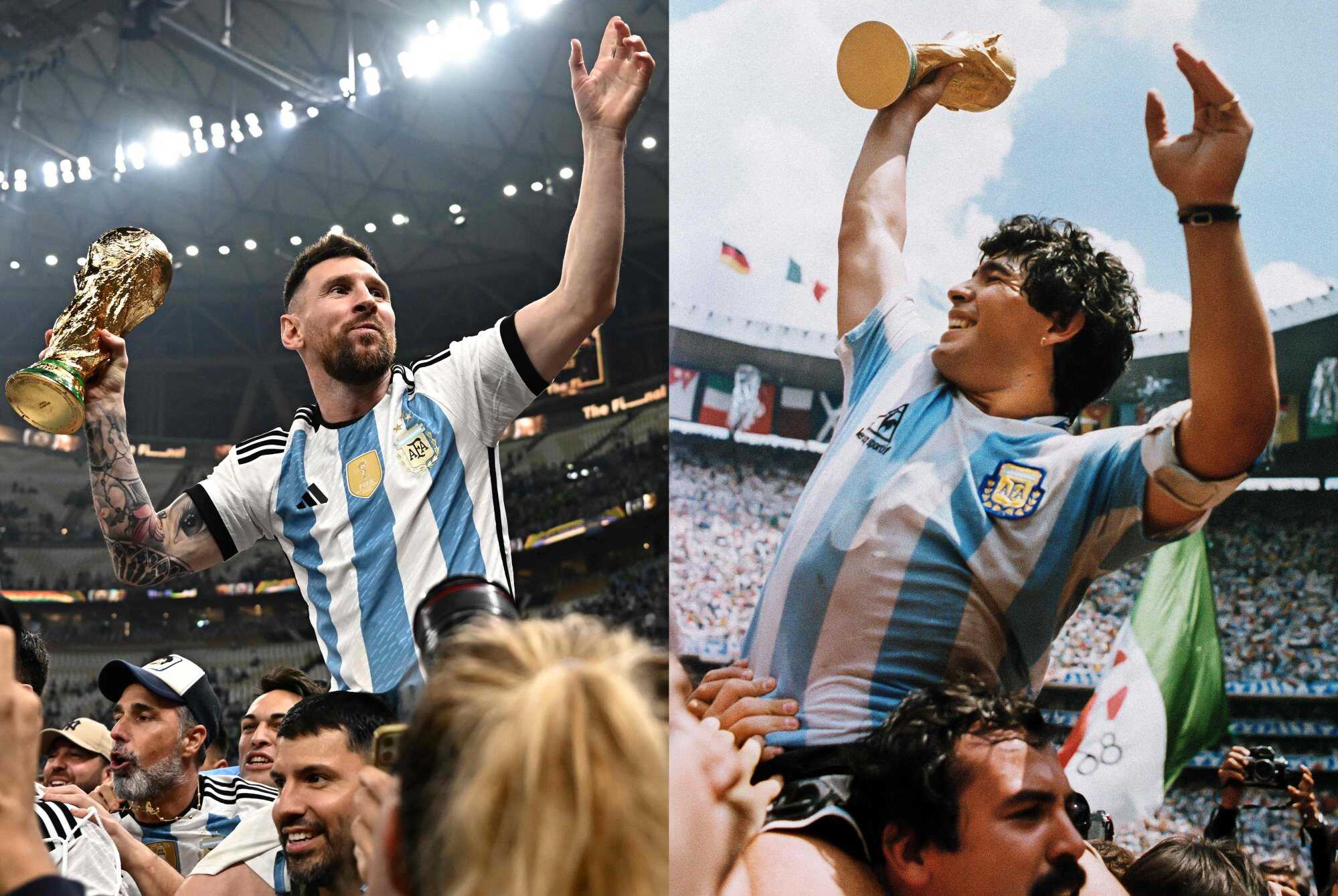 These pictures show Argentina’s forward Lionel Messi (left) holding the trophy after beating France during the 2022 World Cup final match and the country’s former captain Diego Armando Maradona holding the World Cup trophy won in 1986 in Mexico. Photo: AFP
