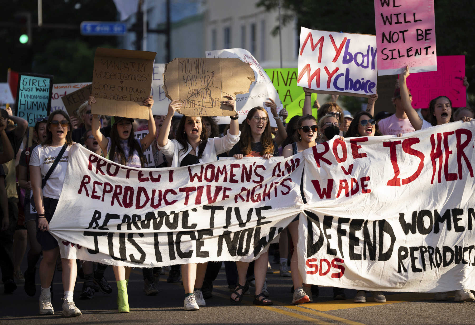 A crowd marches in a student-led protest in Minneapolis, Minnesota after the Supreme Court overruled Roe v Wade on Friday, June 24, 2022. Photo: Star Tribune via AP