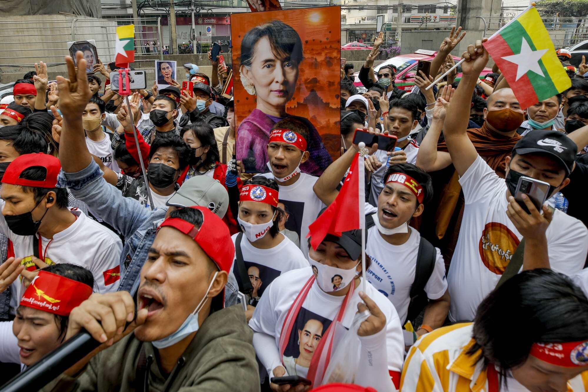 Migrant workers from Myanmar protest outside the Myanmar embassy in Bangkok on the second anniversary of the military coup that overthrew the democratic government. Photo: EPA-EFE