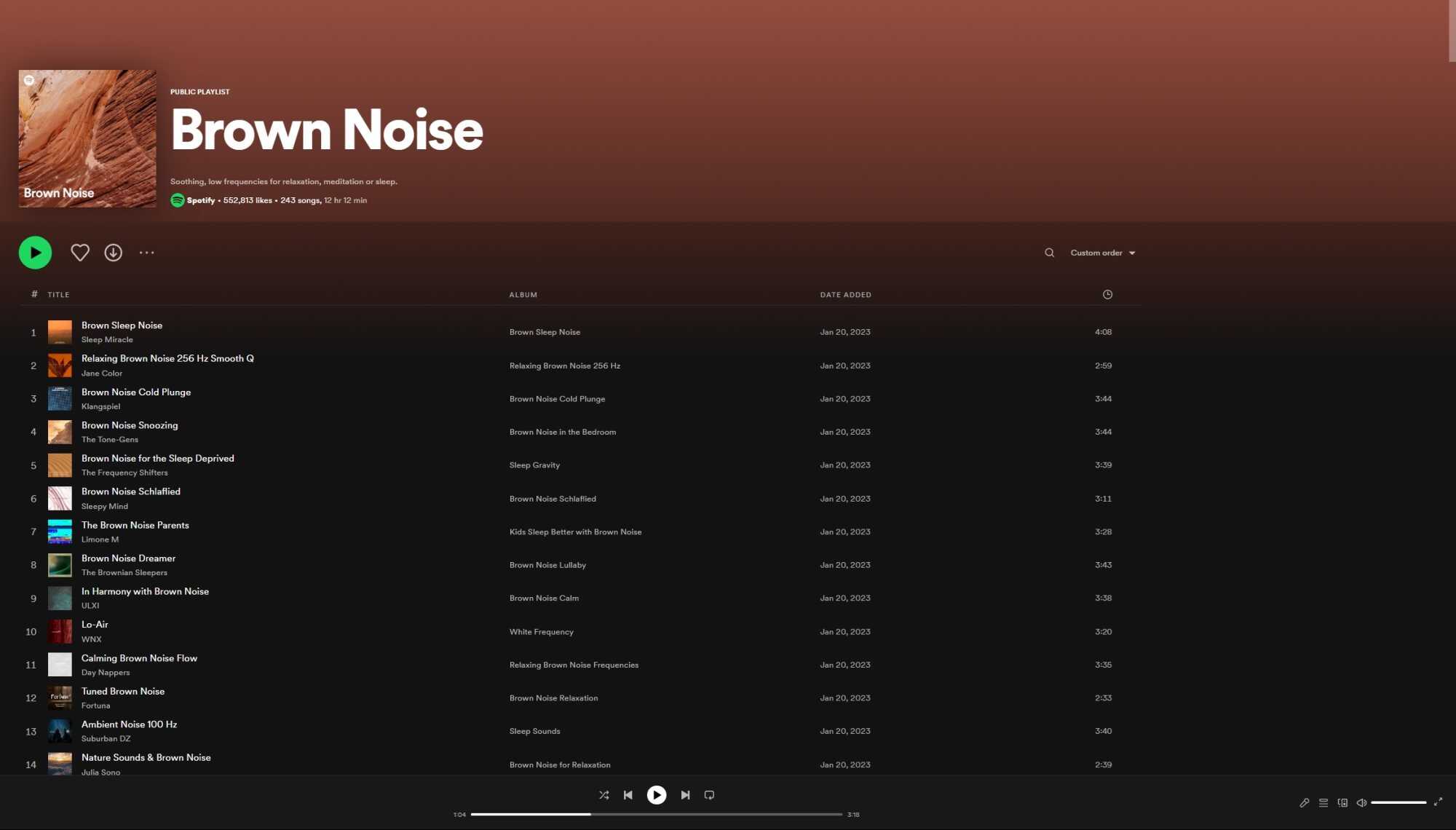 A12-hour Spotify playlist featuring brown noise has garnered more than 500k likes on the platform. Photo: Captured from Spotify