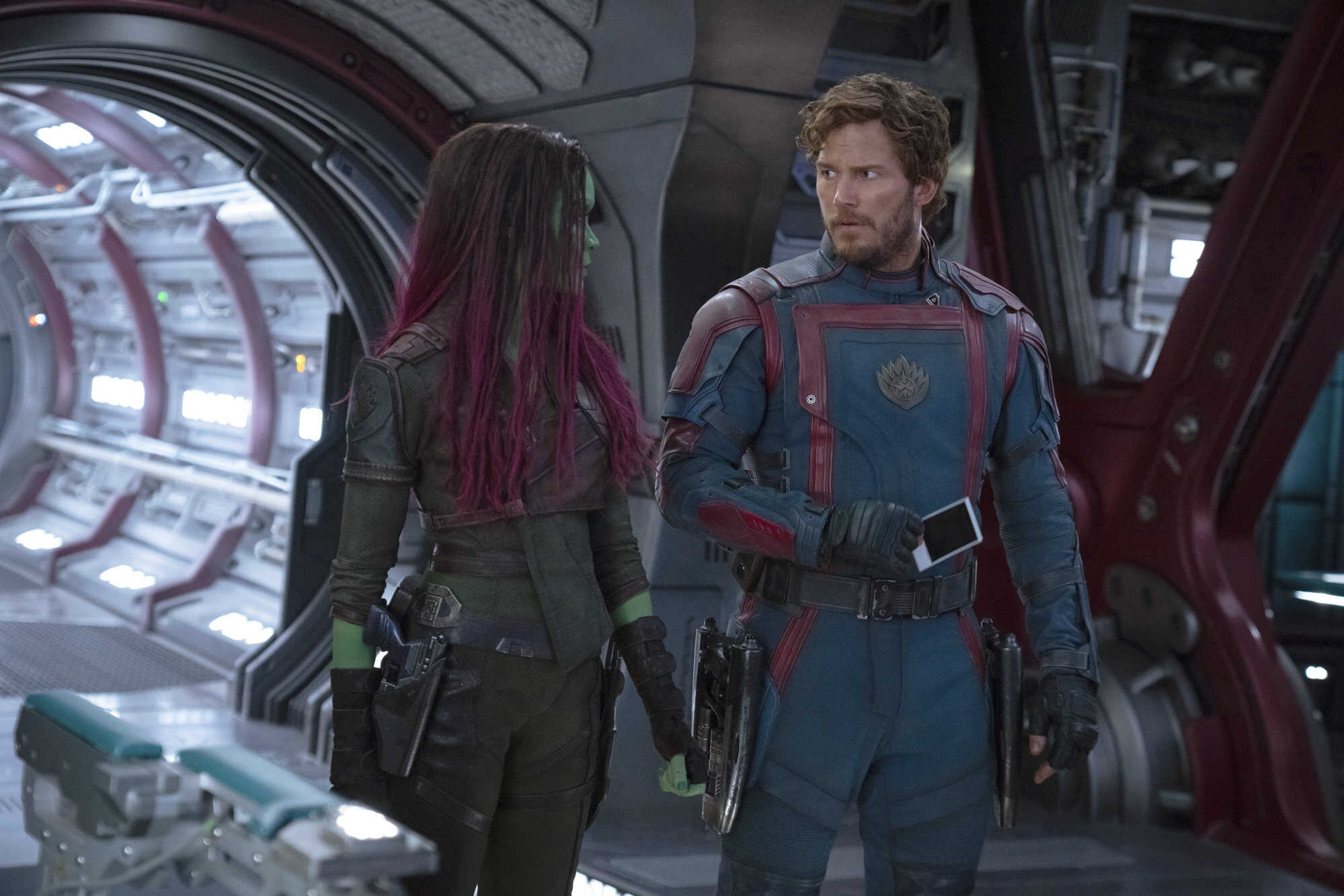 Gamora, played by Zoe Saldana (left), and Chris Pratt’s Star-Lord must reconcile the differences that have developed between them. Photo: Marvel-Disney via AP