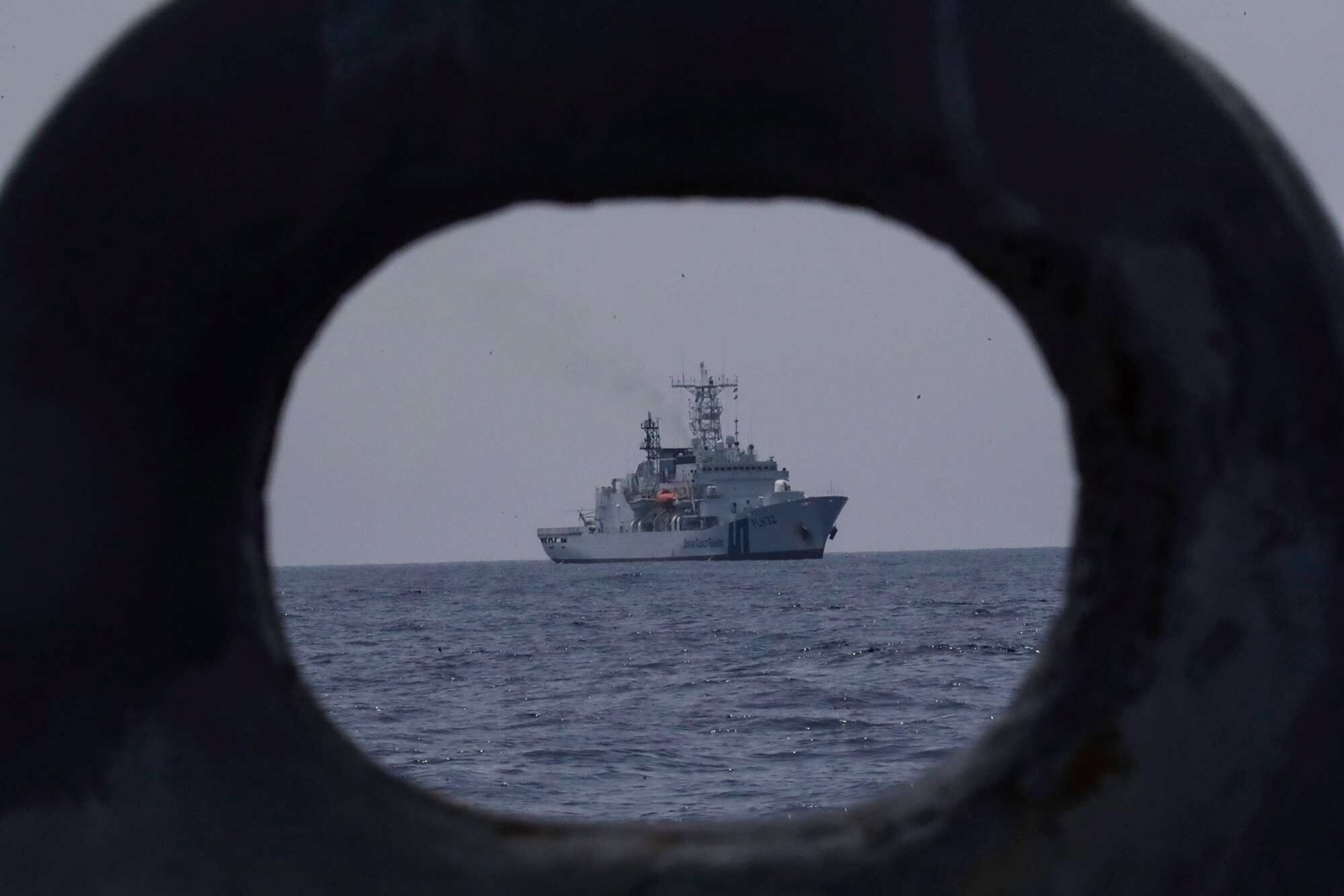 A Japanese Coast Guard Akitsushima-class (PLH-32) patrol ship manoeuvres during a search and rescue exercise in the South China Sea, Philippines on June 6, 2023. The coastguards of the US, Japan, and Philippines recently held a trilateral maritime exercise amid growing concern in the disputed South China Sea. Photo: EPA-EFE