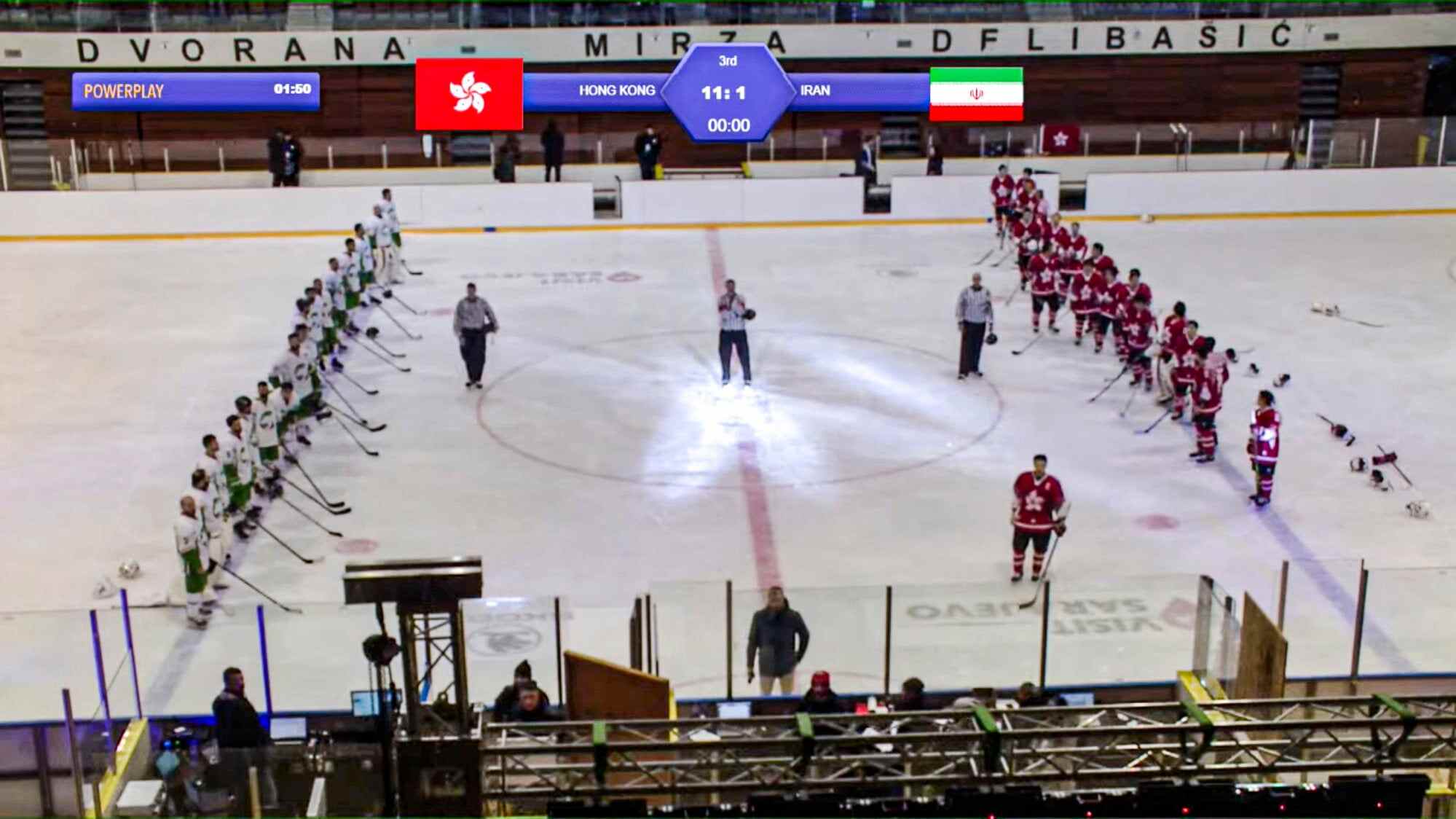 A still from a video capturing the moment the organiser played “Glory to Hong Kong” instead of “March of the Volunteers”, the national anthem of China, after the Hong Kong ice hockey team beat Iran 11:1 at the Ice Hockey World Championship in February 2023. Photo: Handout