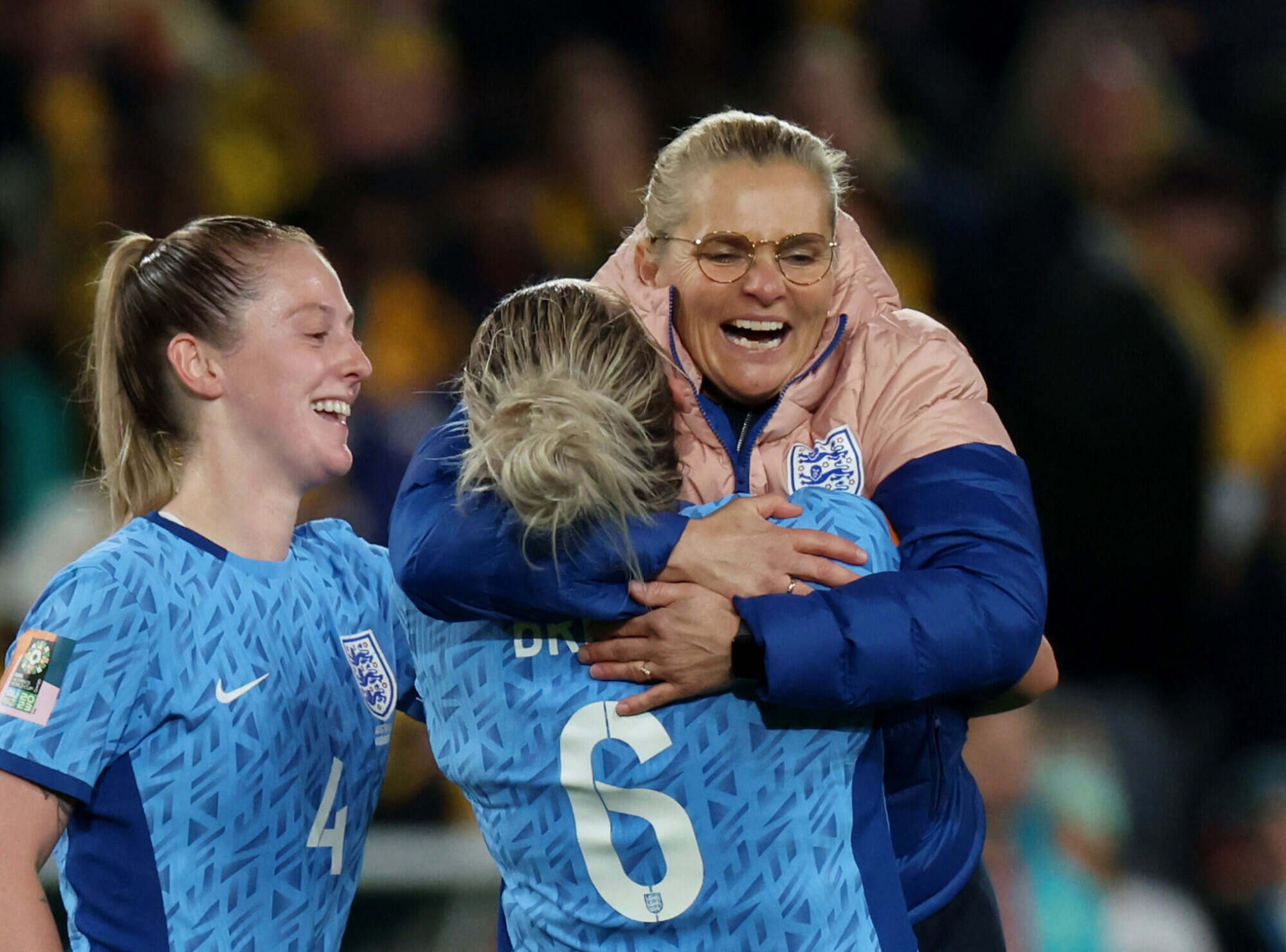 England’s Millie Bright and manager Sarina Wiegman celebrate after the match as England progress to the final of the World Cup. Photo: Reuters
