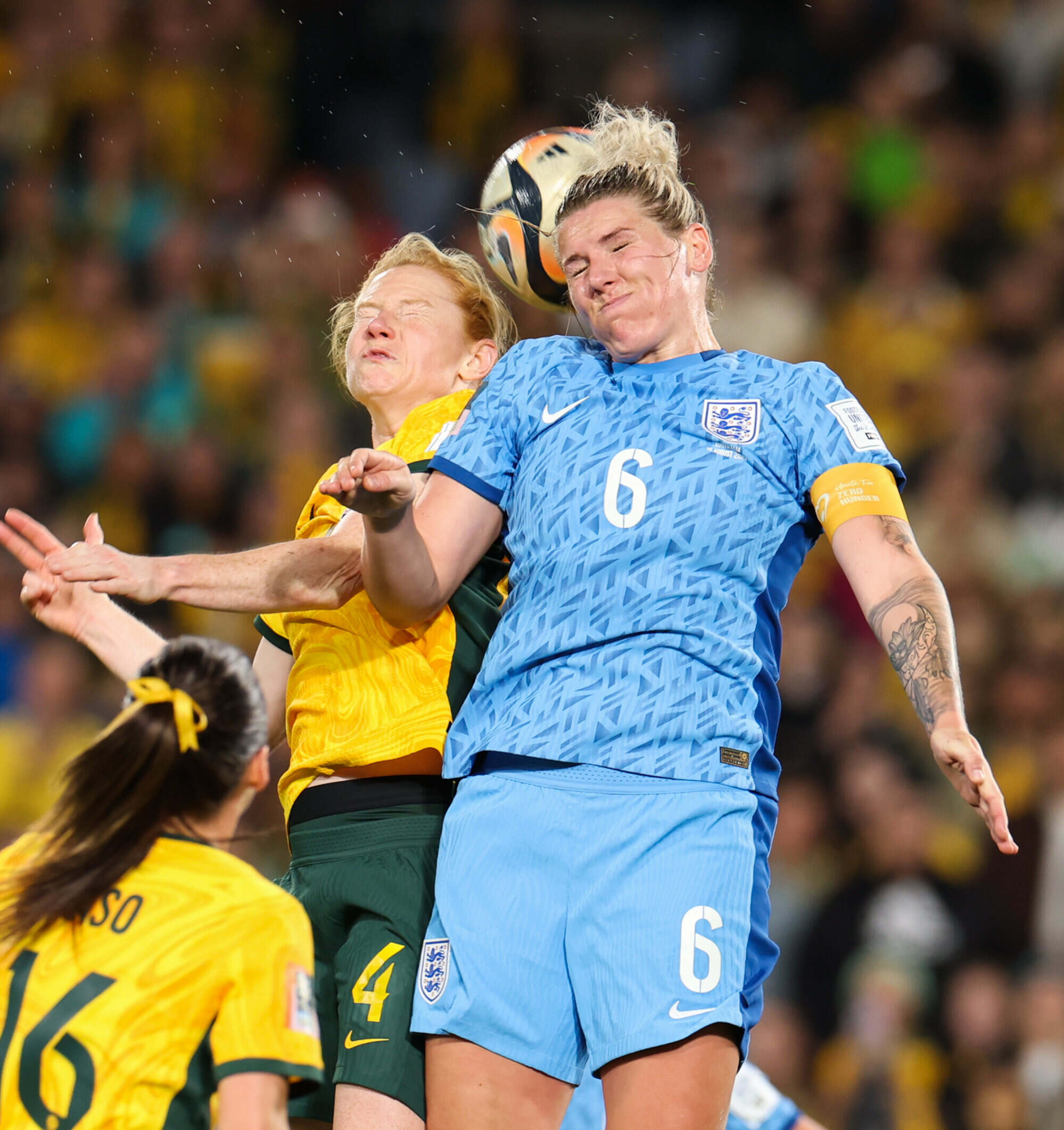 England’s Millie Bright (top right) vies for a header against Australia’s Clare Polkinghorne (top left) during the semi-final between Australia and England at the 2023 Fifa Women’s World Cup in Sydney, Australia on Wednesday. Photo: Xinhua