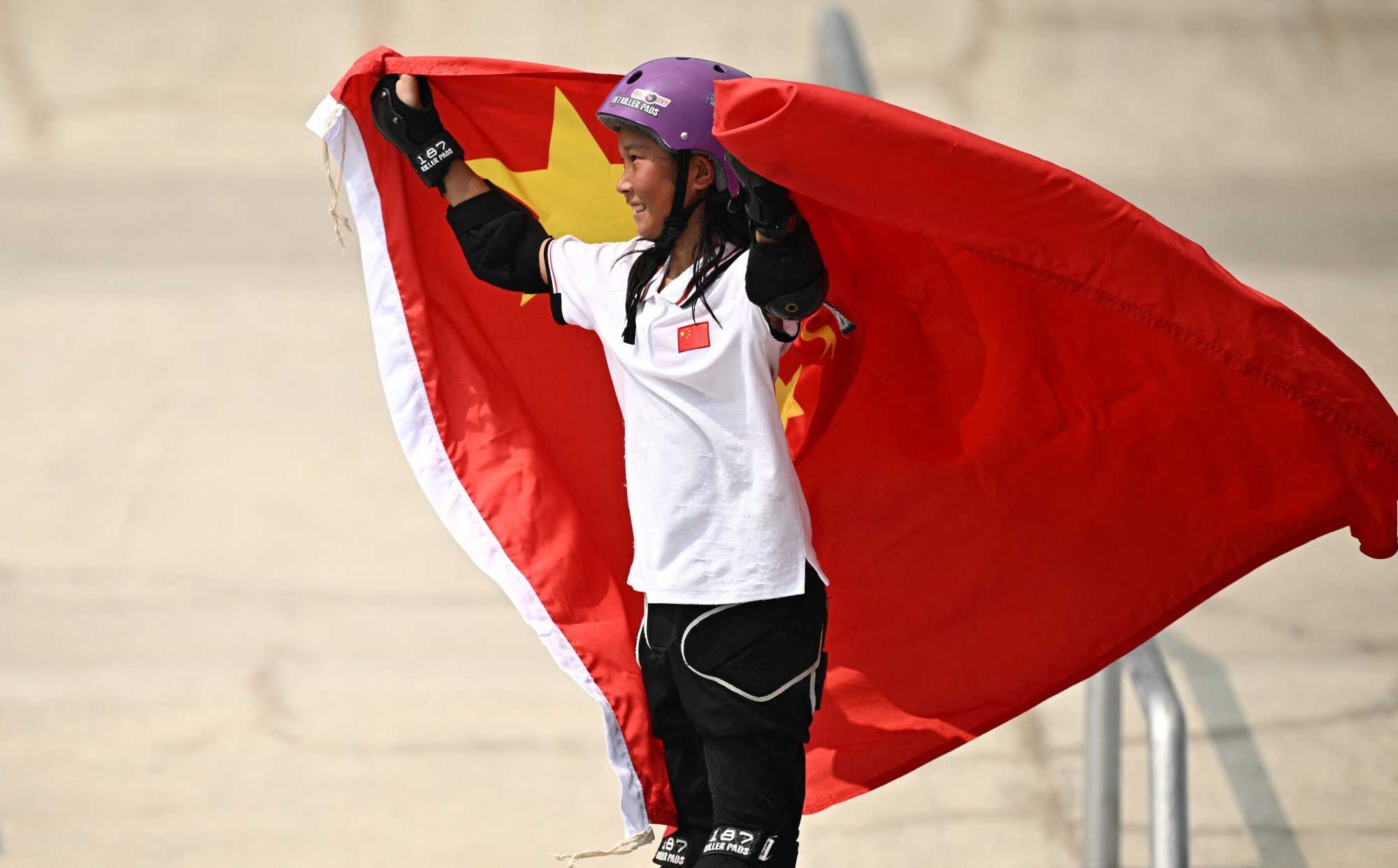 China’s Cui Chenxi bagged gold in the women’s street skateboarding. Photo: Reuters