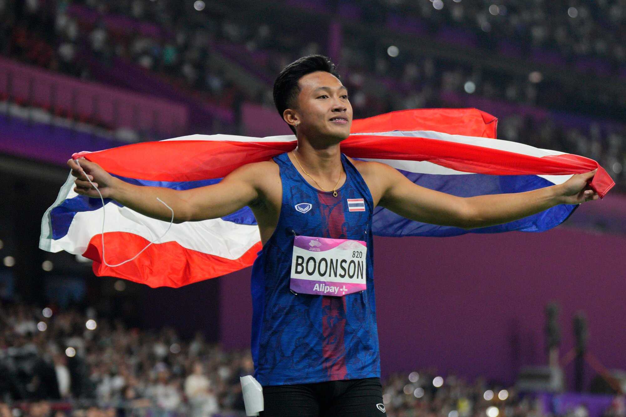 Thailand’s Puripol Boonson won a silver medal in the men’s 100-metre final at the 19th Asian Games in Hangzhou. Photo: AP