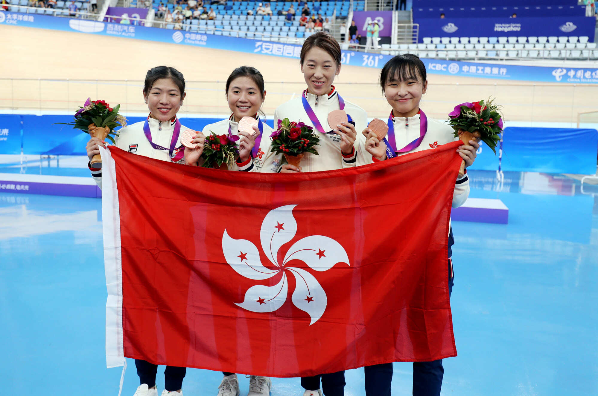 Boey Leung (from left), Chloe Leung, Yang Qianyu and Ceci Lee celebrate their bronze medals at the Asian Games. Photo: SF&OC