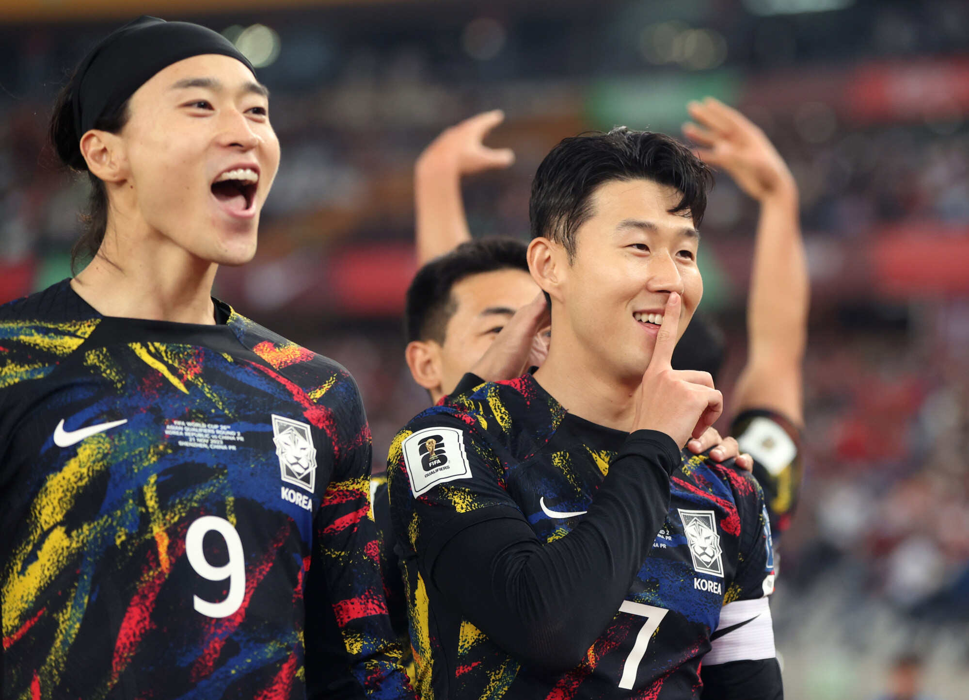 Son Heung-min (R) of South Korea celebrates his goal with his teammates during the Group C match between China and South Korea at the 2026 Fifa World Cup Asian qualifier in Shenzhen on November 21, 2023. Photo: Xinhua