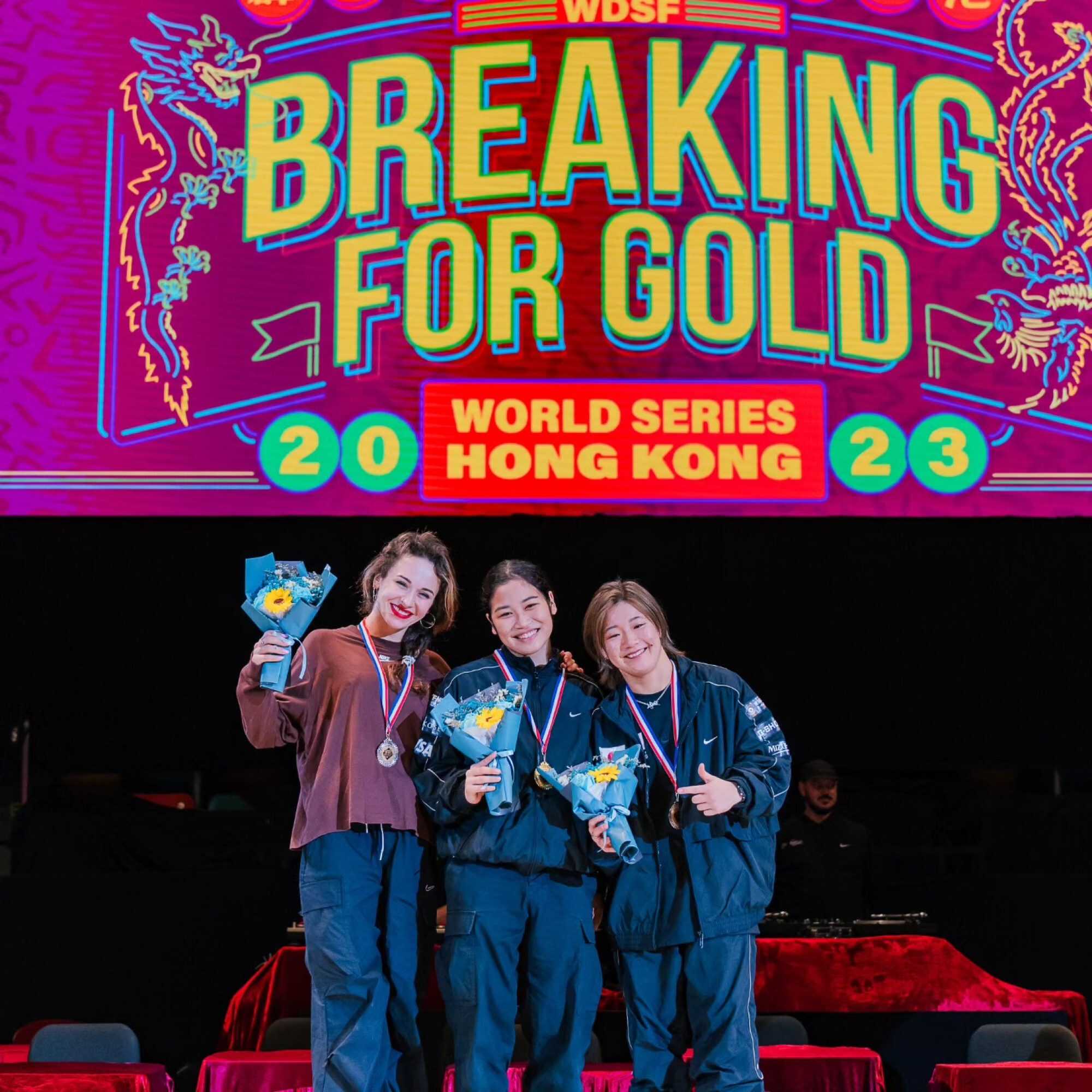 B-girl Stefani (from left), B-girl Riko and B-girl Ayane. Photo: Breaking for Gold World Series