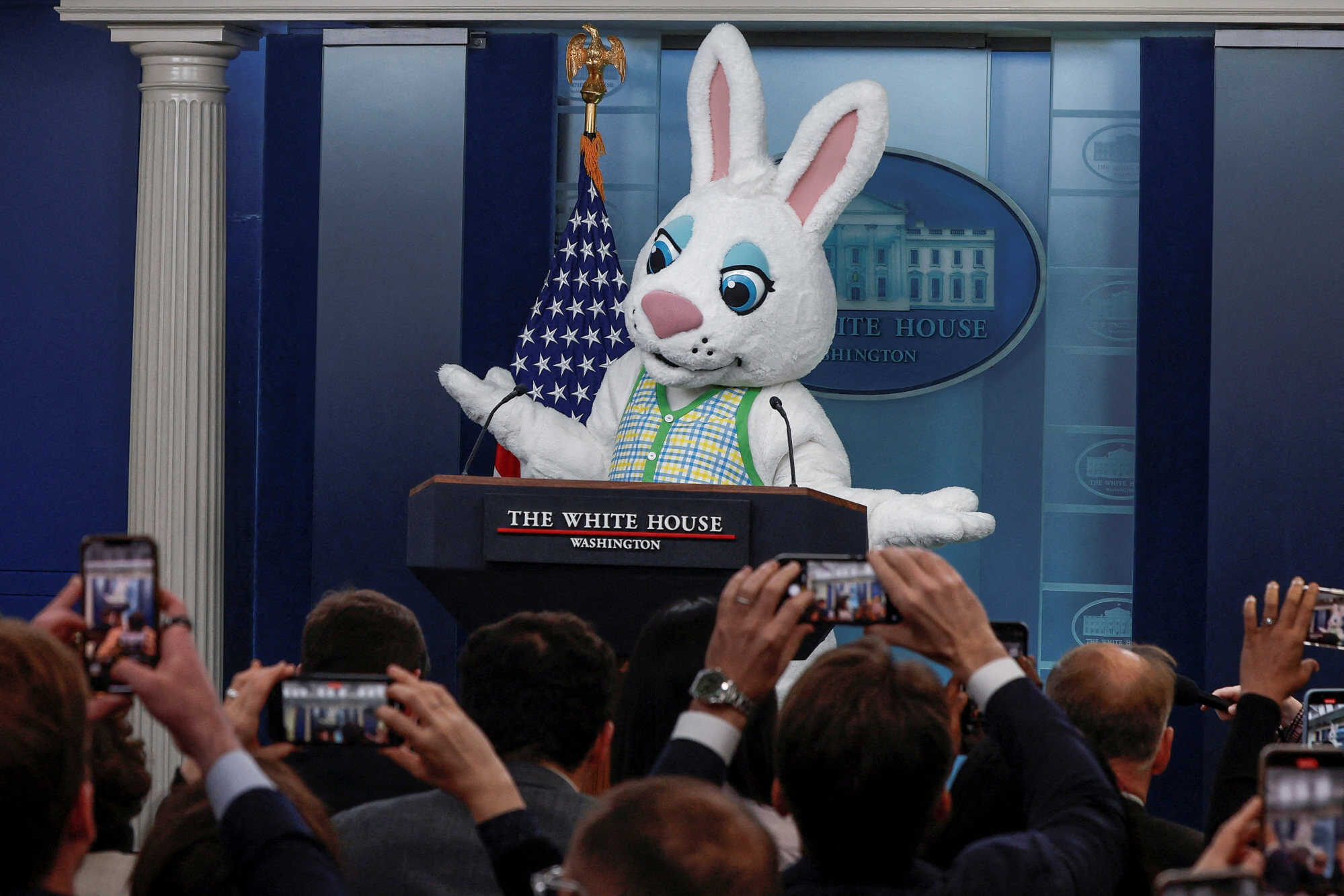 The Easter bunny makes a guest appearance in the White House briefing room in the United States. Photo: Reuters