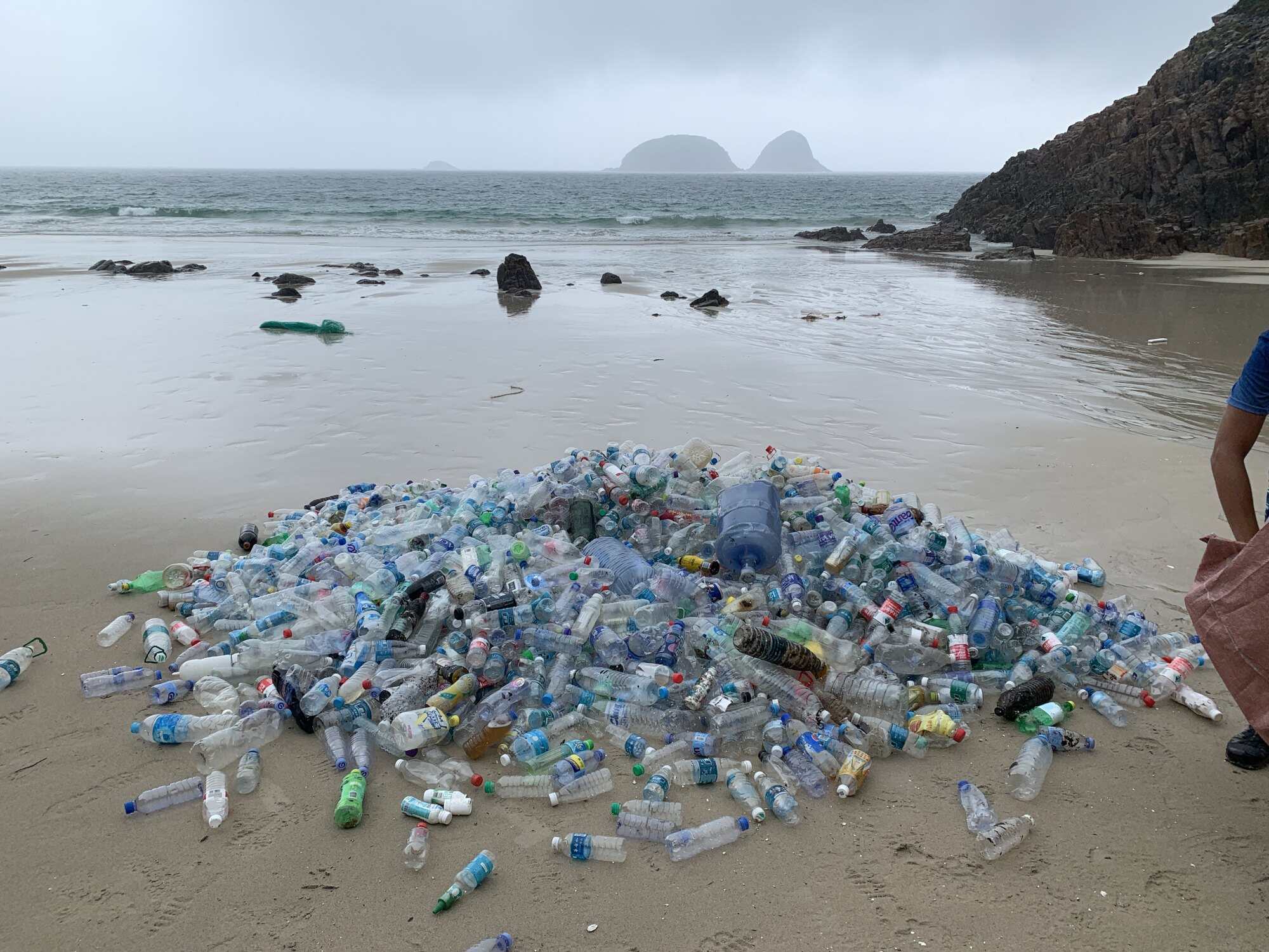 Plastic bottles found in Sai Kung’s Ham Tin Wan in June 2021. Photo: Handout