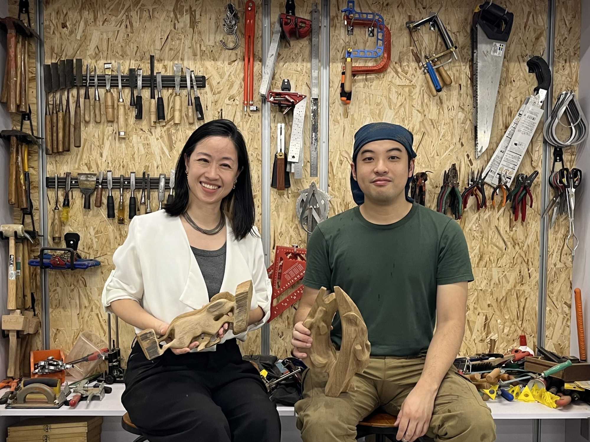 Margaret Chu (left) and Henry Chang encourage students to create upcycled art. Photo: SCMP