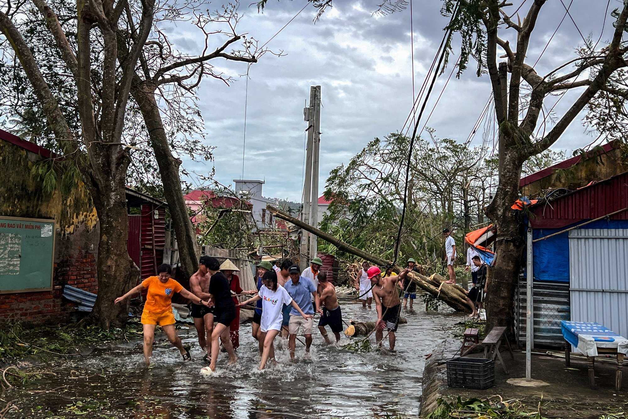 People use ropes to remove fallen trees following the impact of Typhoon Yagi in Vietnam. Photo: Reuters