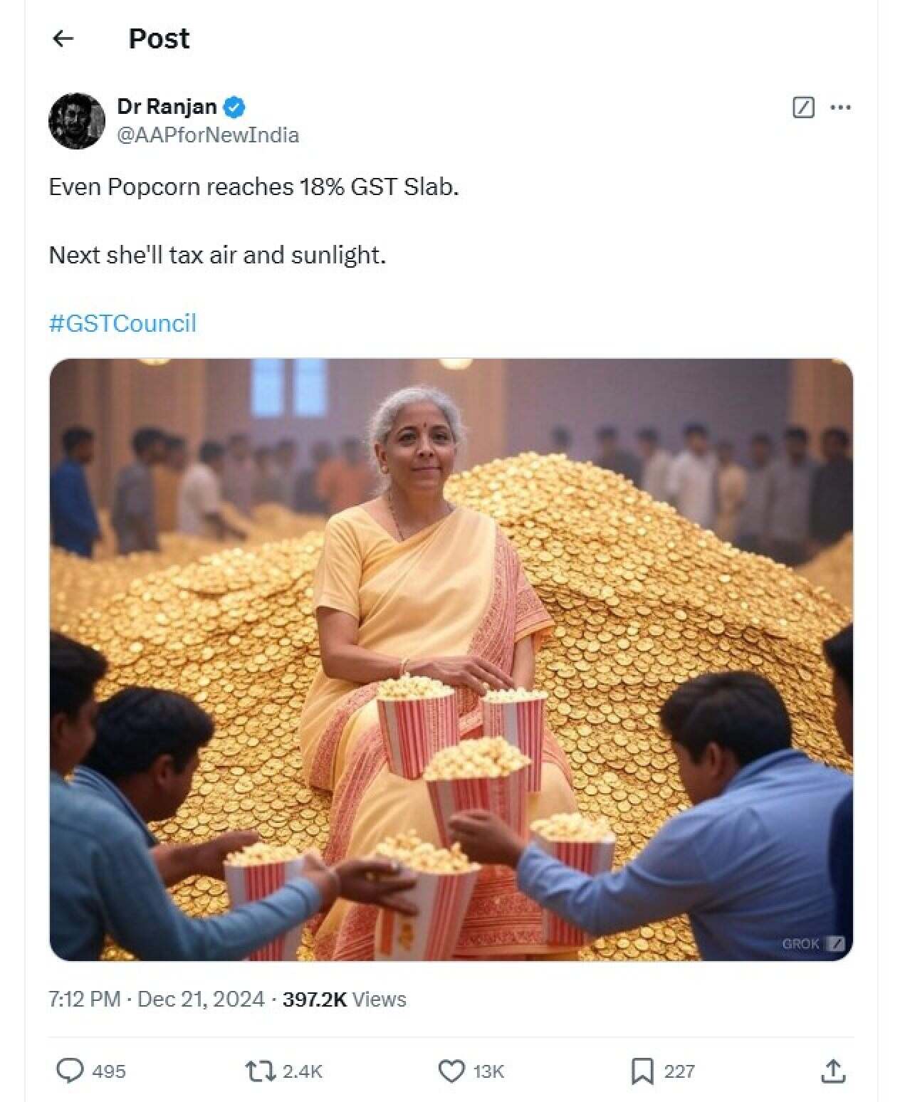 India’s new popcorn tax sparks online outrage and debate over GST reforms. Photo: X/@AAPforNewIndia