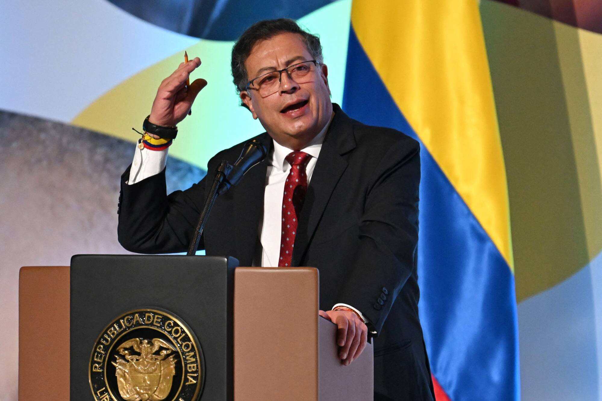 Colombian President Gustavo Petro speaks during the First Global Ministerial Conference on Ending Violence Against Children in Bogota on November 7, 2024. US President Donald Trump vowed on January 26, 2025, to hit Colombia with steep tariffs and other sanctions after Petro blocked deportation flights from the United States. Photo: AFP
