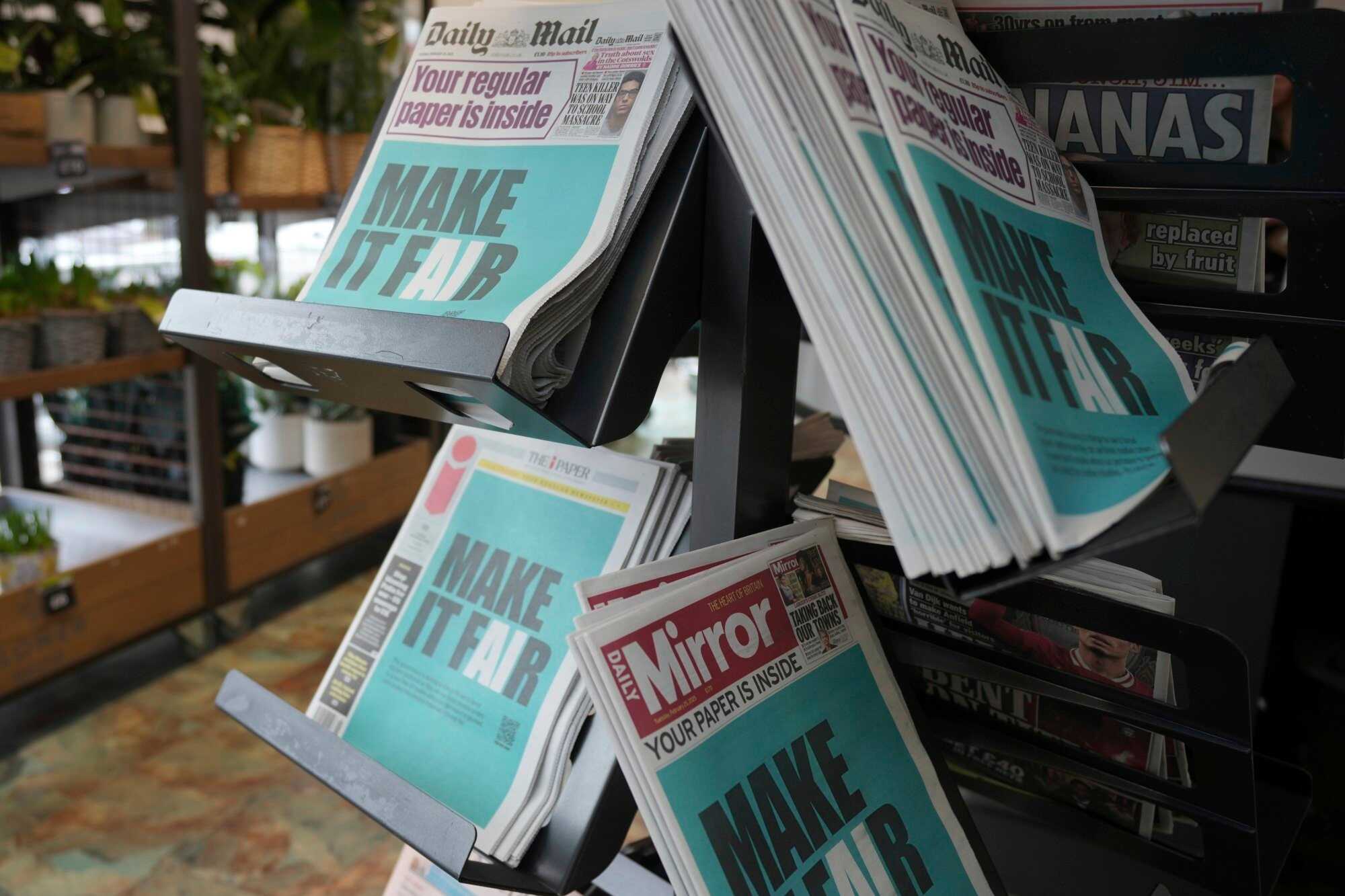 British newspapers are wrapped as a protest against the British government’s planned changes to the law around artificial intelligence that would allow AI models to be more easily trained on copyrighted material, in London, on February 25, 2025. Photo: AP