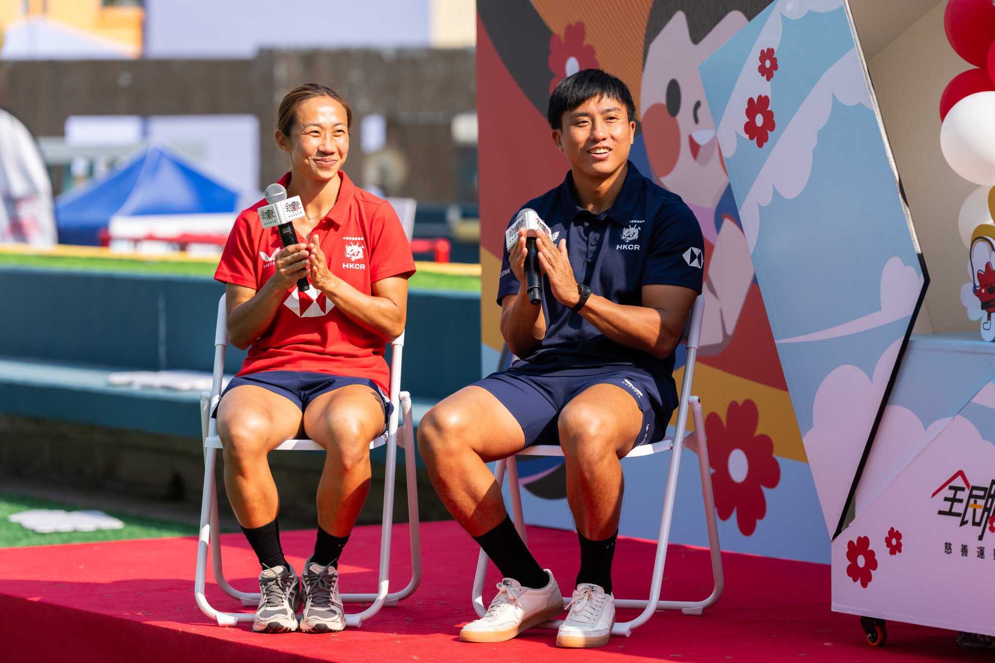 Hong Kong China Rugby Sevens players Cado Lee Ka-to (right) and Chong Ka-yan (left) share their journey and experiences with the crowd. Photo: Handout