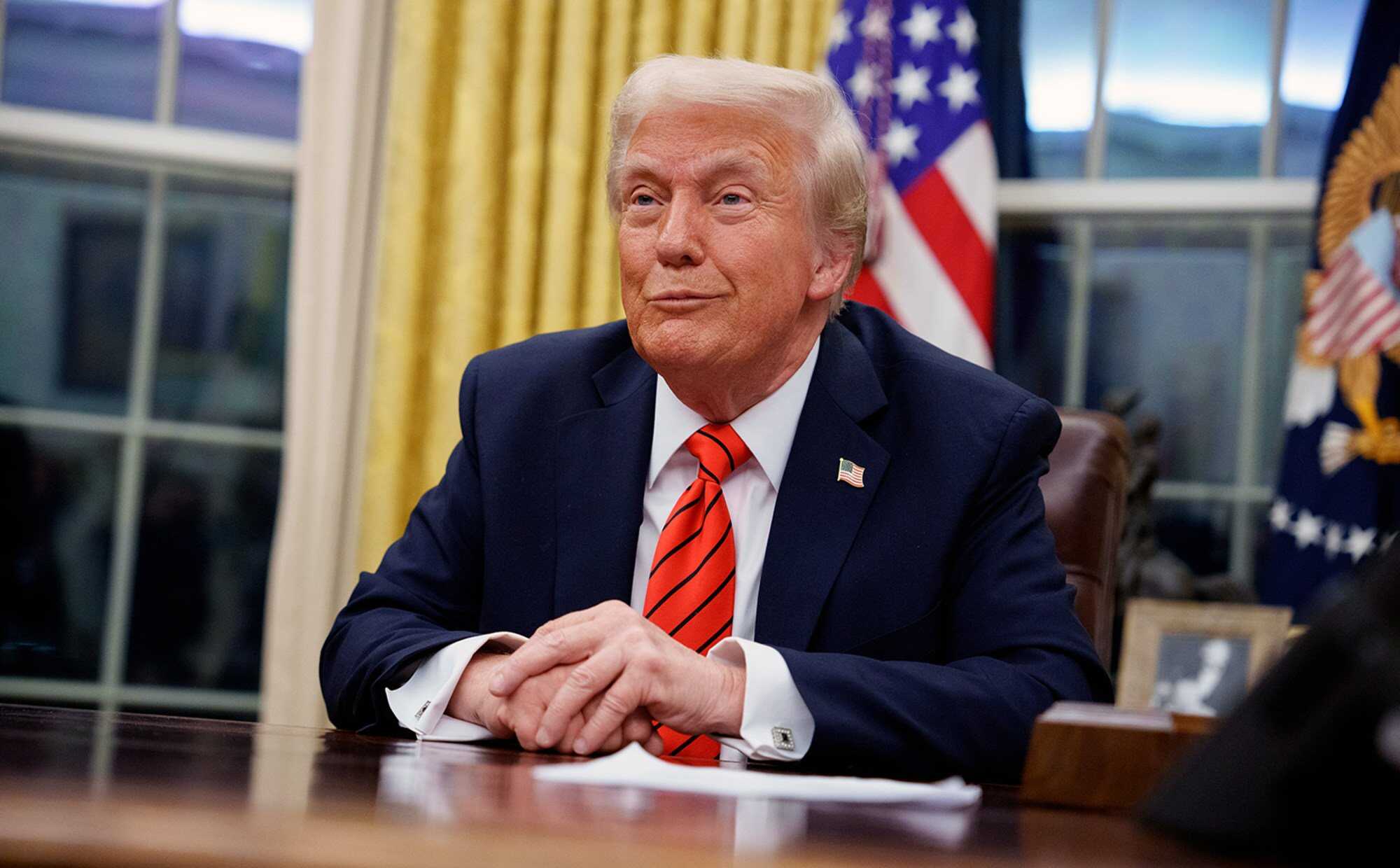 US president Donald Trump reacts to a question from a reporter after signing a series of executive orders, including an order for the federal government to stop using paper straws. Photo: Getty Images/TNS