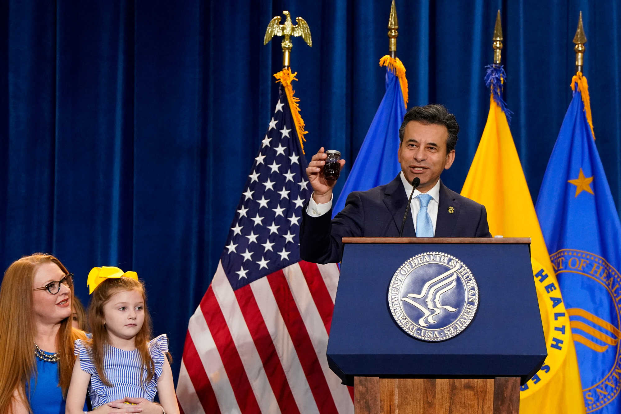 US Food and Drug Administration (FDA) commissioner Marty Makary holds up a jar of beet juice during an announcement of the FDA’s intent to phase out the use of petroleum-based synthetic dyes in the nation’s food supply. Photo: Reuters