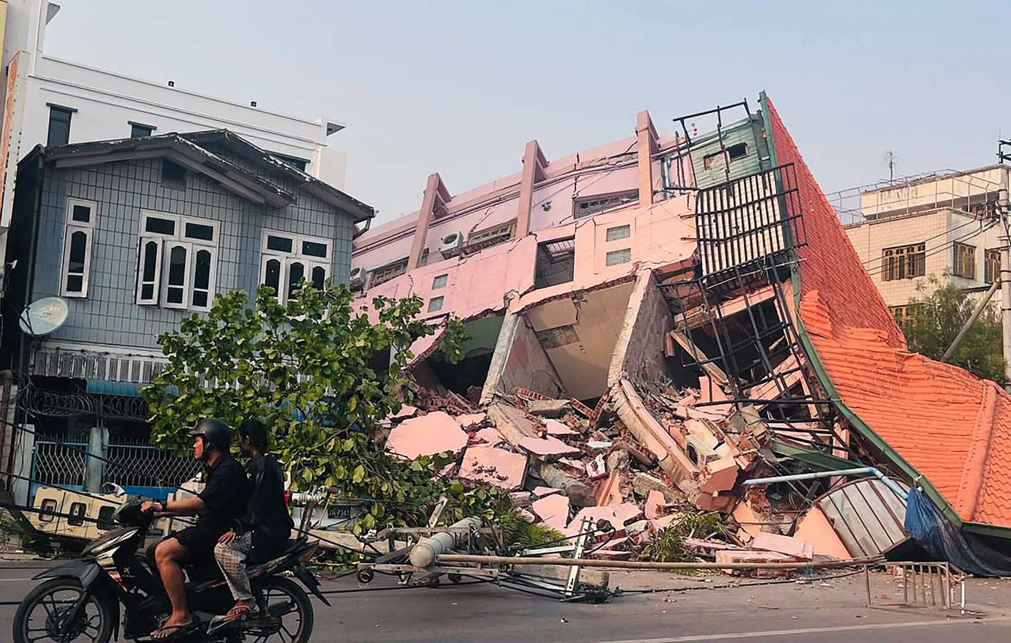 A collapsed building in Mandalay, Myanmar, one of the many that were brought down by a 7.9 earthquake in the region in March 2025. Photo: STR/AFP/Getty Images/TNS