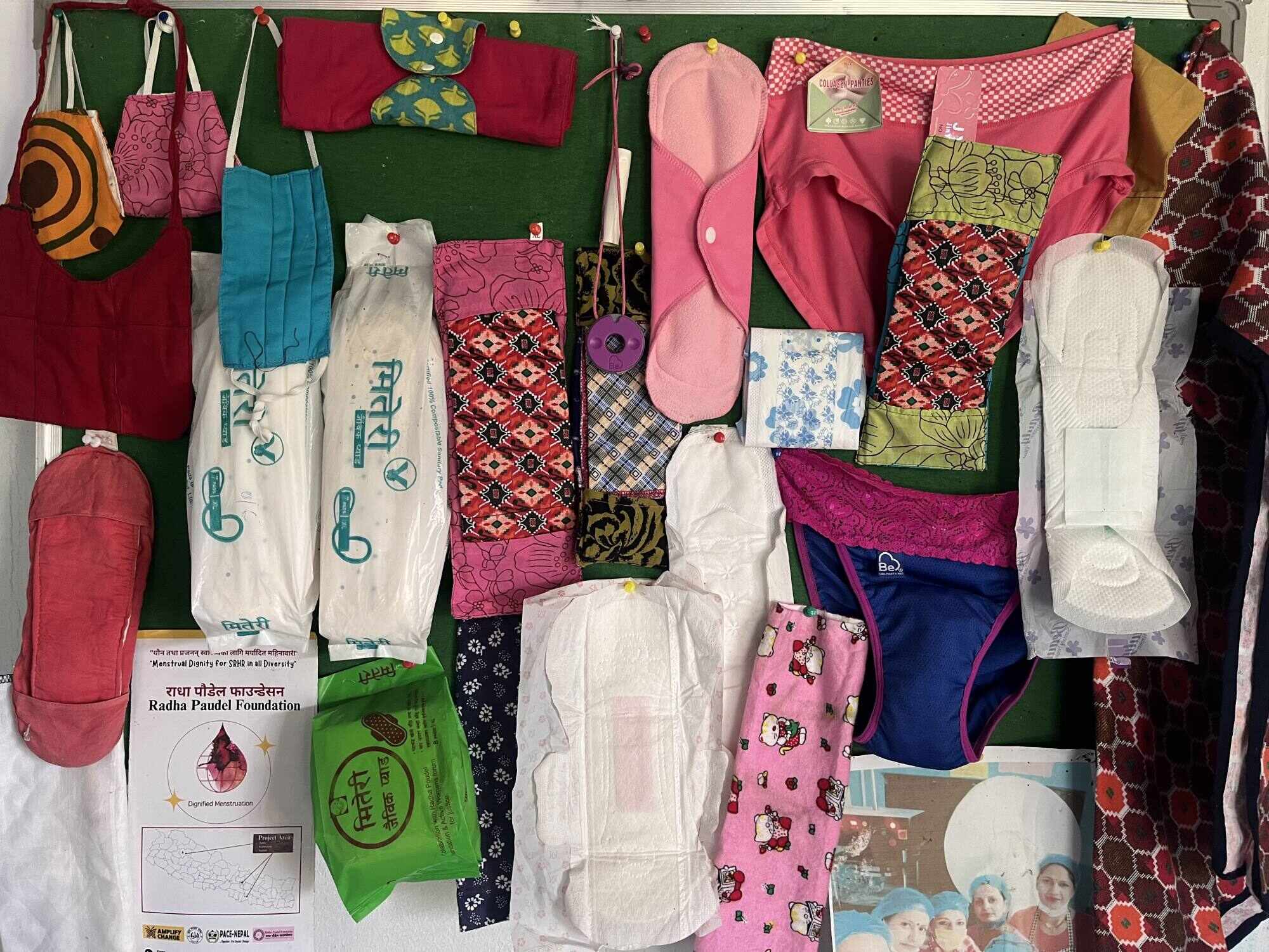 Menstrual products on display at the Miteri Jaibik Pad Udhyog factory in Chitwan. Photo: Bibek Bhandari