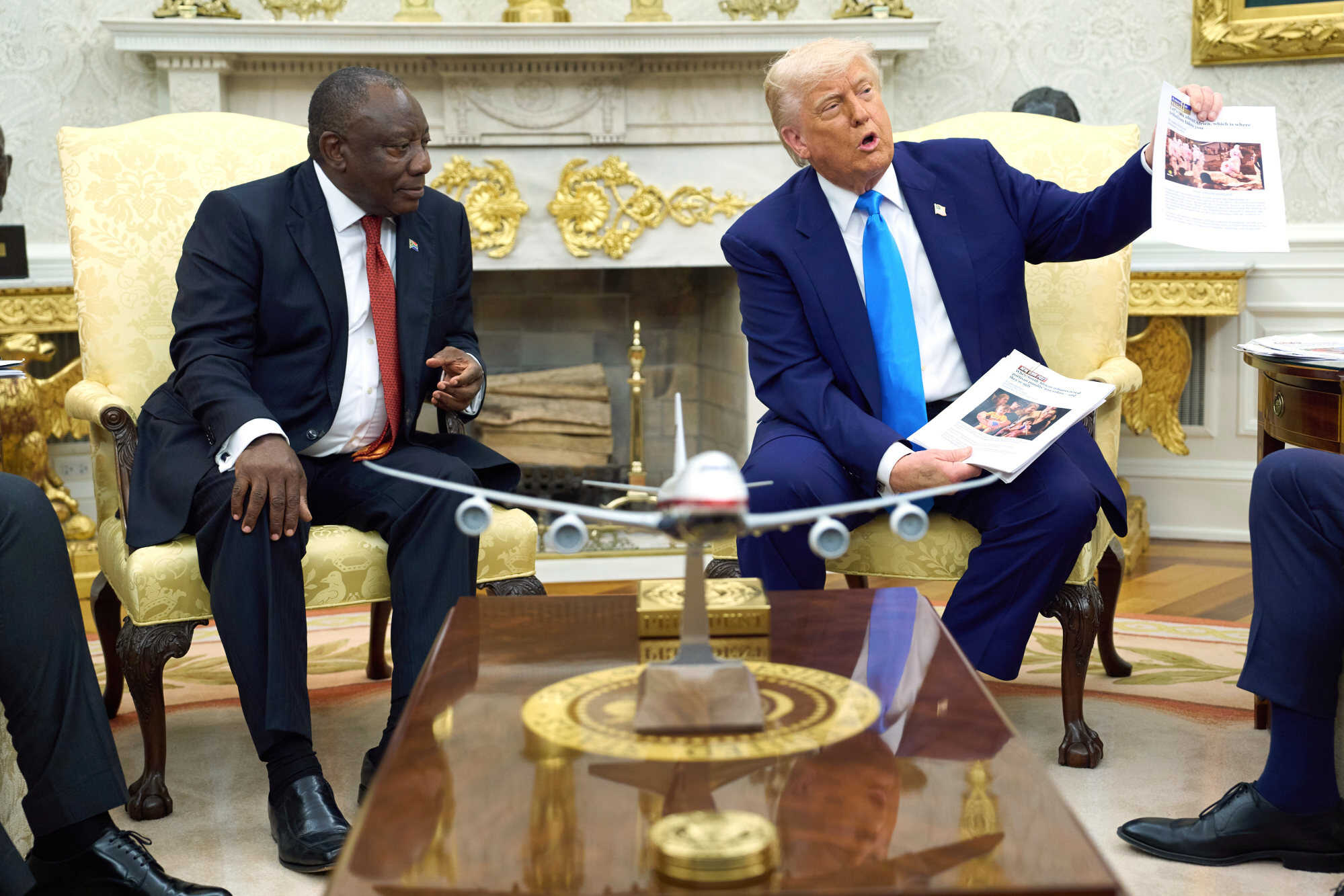 Donald Trump ambushed South African President Cyril Ramaphosa with a video alleging a “genocide” against white South African farmers. Photo: AP